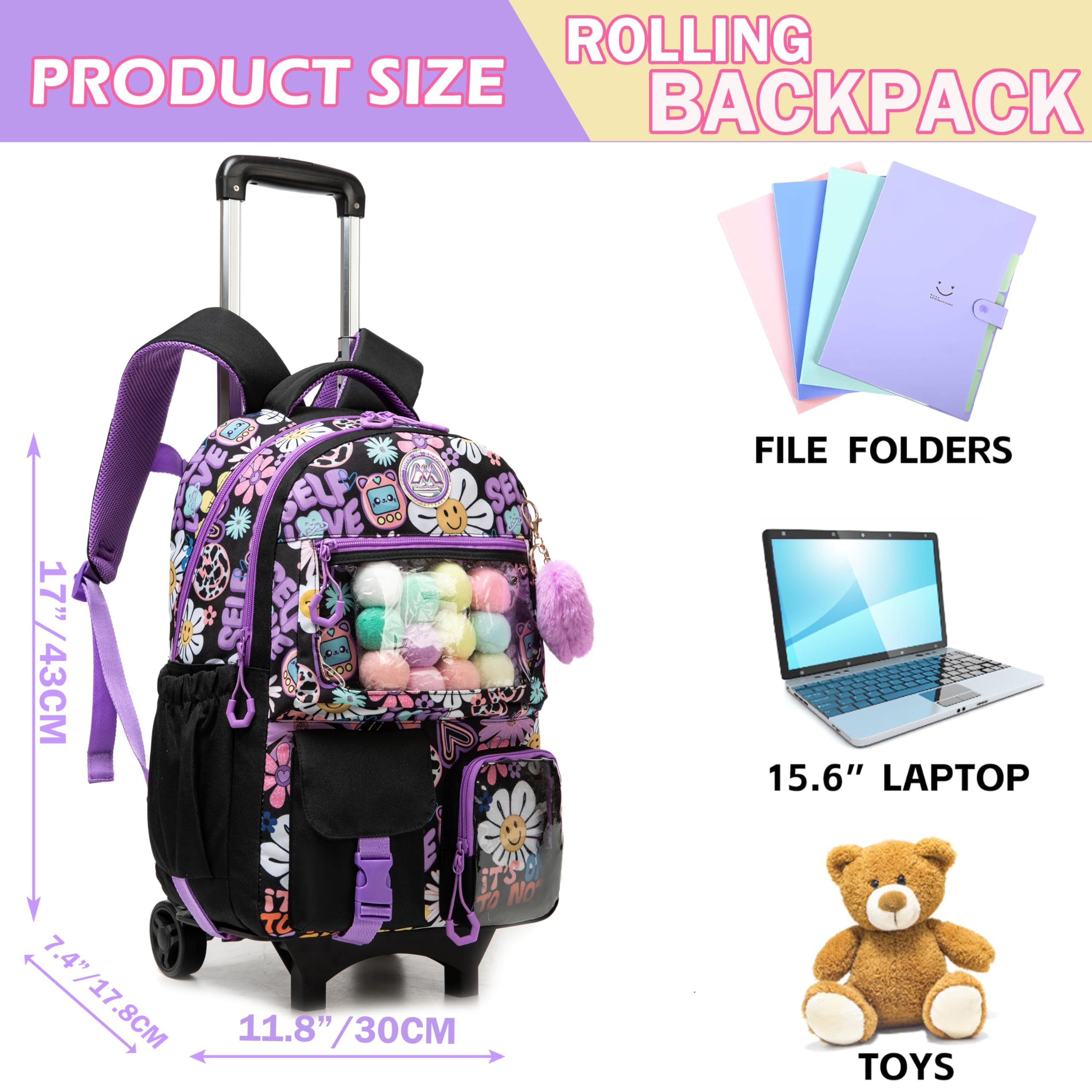 **Meetbelify Rolling Backpack for Girls - Cute Wheeled School Backpack for Elementary Students | Lightweight Carry-On Travel & Daily Use**
