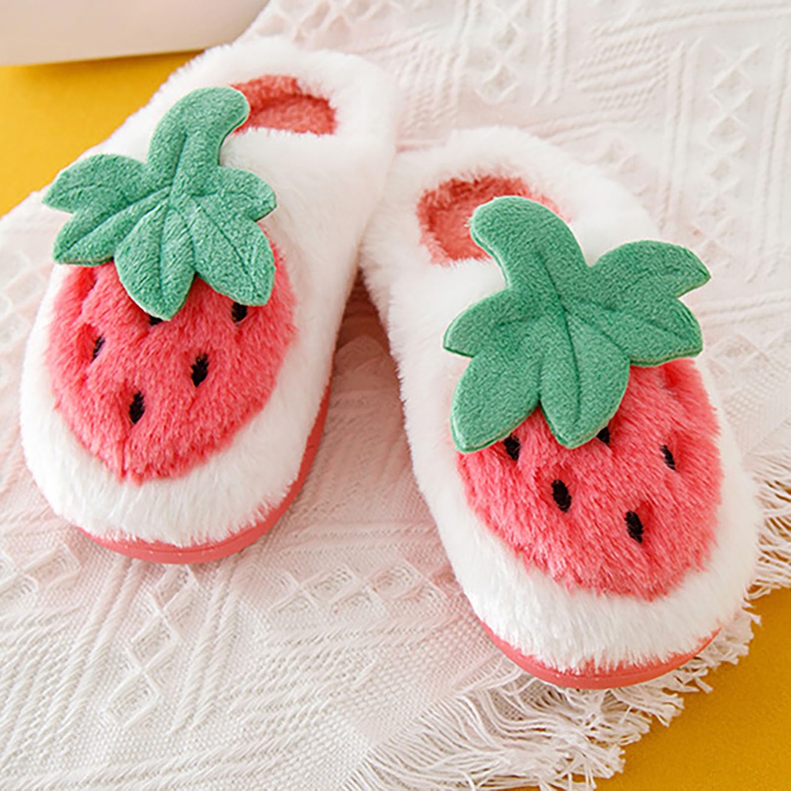 Toddler Girls Winter House Slippers - Cute Strawberry Cartoon Print Flocked Soft Shoes for Warm Indoor Wear | Cozy Home Slippers for Kids' Playtime & Relaxation