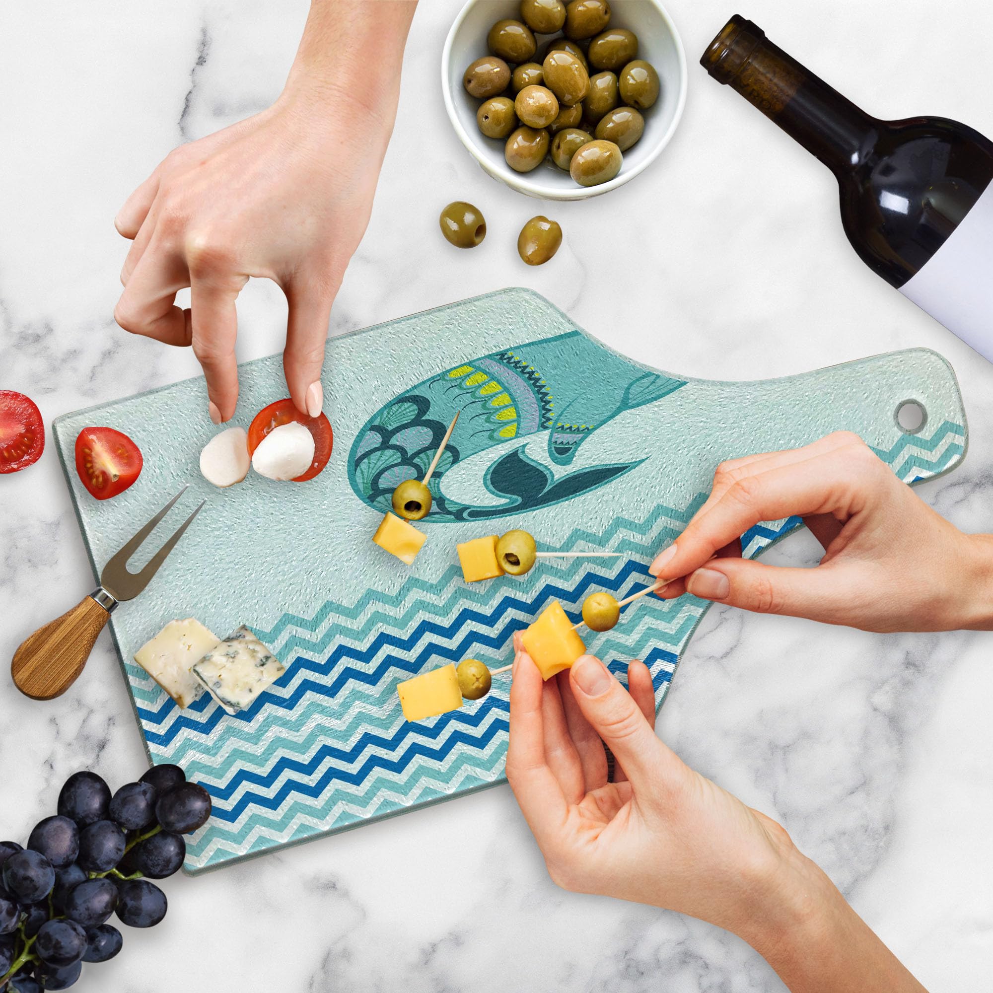 Ambesonne Whale Tempered Glass Cutting Board - Ocean Wave Artwork with Zig Zag Pattern, Decorative Serving Board for Kitchen, Wine Bottle Shape in Blue and White - Perfect for Entertaining, Charcuterie, and Gift Giving