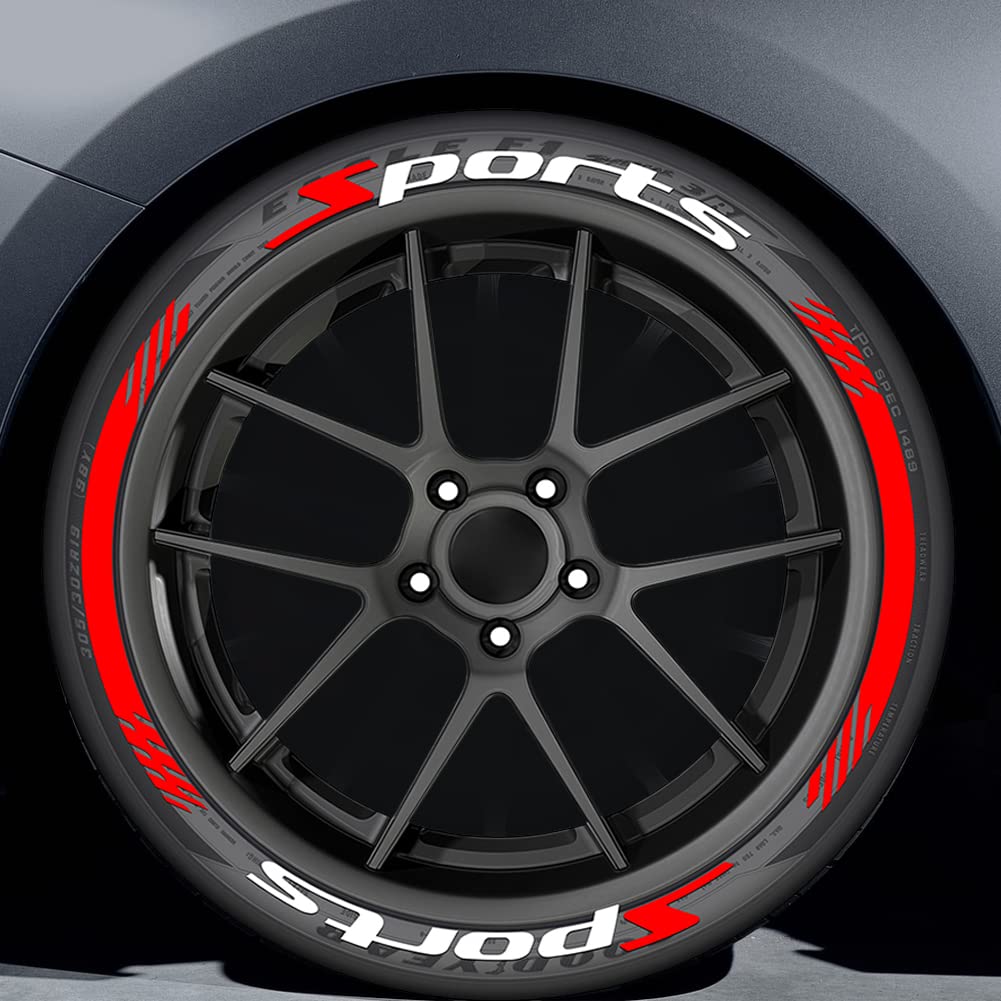 GreceYou 8pcs 3D Car Tire Letter Decals - DIY Wheel Stickers for Sports & Racing Cars, Motorcycles (No Glue Needed) - Perfect for Customizing Vehicles & Enhancing Street Style (SPORTS + Red Strip)