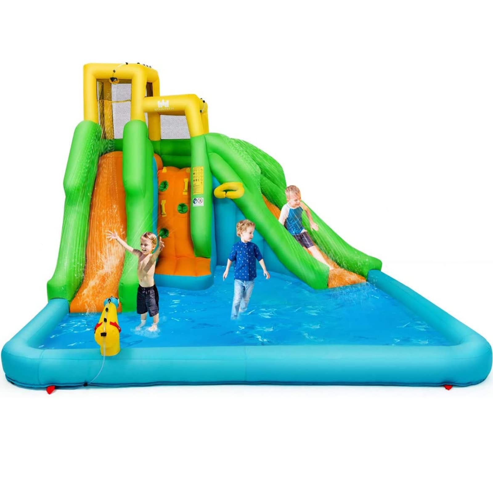 BOUNTECH 6-in-1 Inflatable Water Slide for Kids - Giant Outdoor Water Park with Dual Racing Slides, Climbing Wall | Backyard Summer Party, Birthday Gift, Family Fun (Blower Not Included) | Perfect for Pool Parties, BBQs, and Outdoor Gatherings