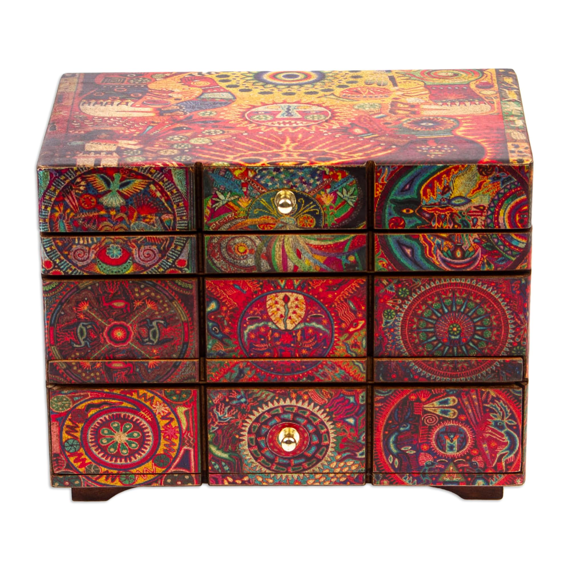 NOVICA Handmade Huichol Portal Decoupage Wood Jewelry Box with Drawers - Mexican Folk Art Storage for Necklaces, Rings & Earrings - Perfect for Bedroom Vanity, Gift Giving & Travel Jewelry Organizer