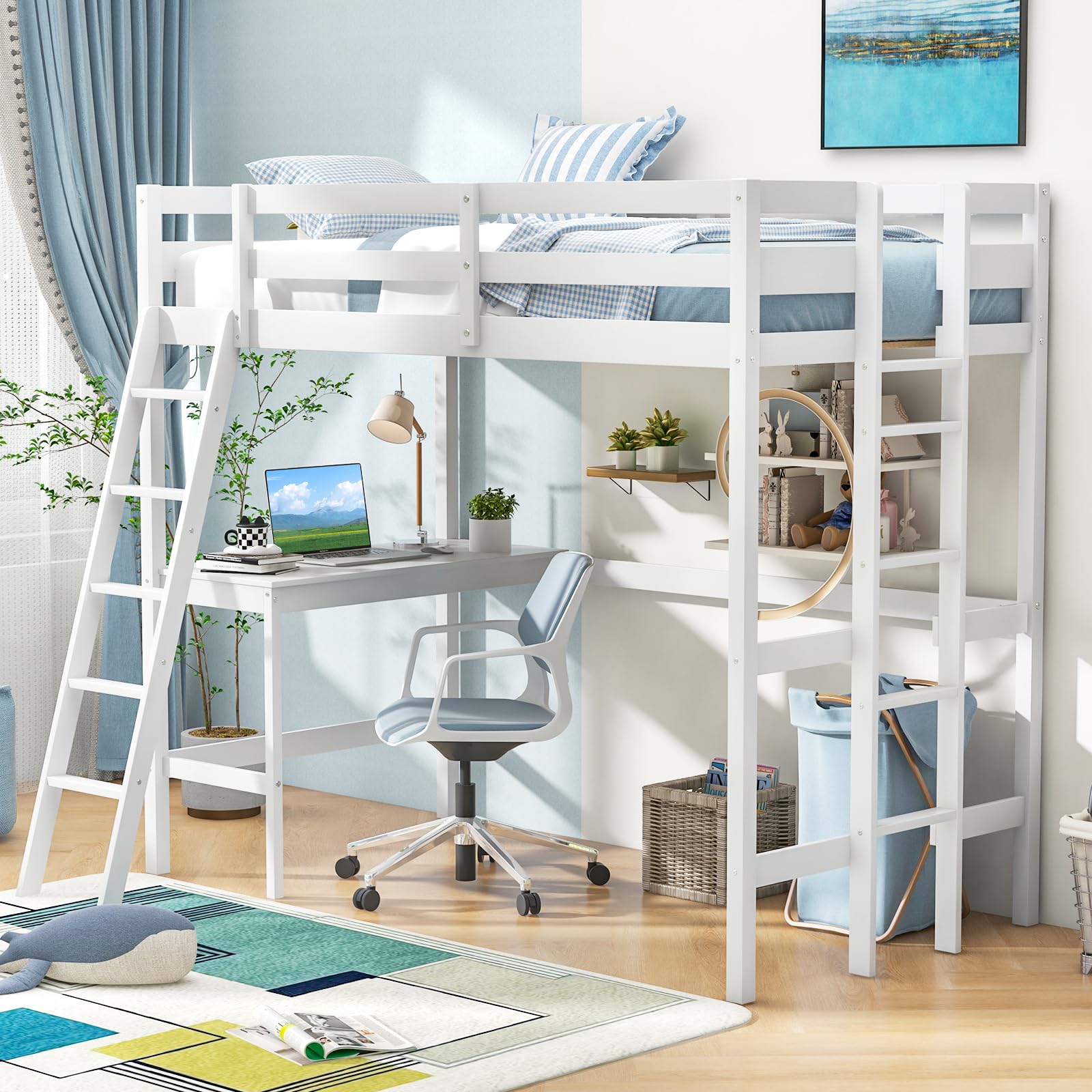 **KOMFOTT Twin Loft Bed with Desk - Solid Wood Loft Bed Frame for Teens & Adults - Space-Saving Bunk Bed with 2 Ladders & Safety Guardrail - No Box Spring Needed - Sturdy Wooden Slats Support (White) - Perfect for Small Bedrooms, Dorms, and Studio Apartments**