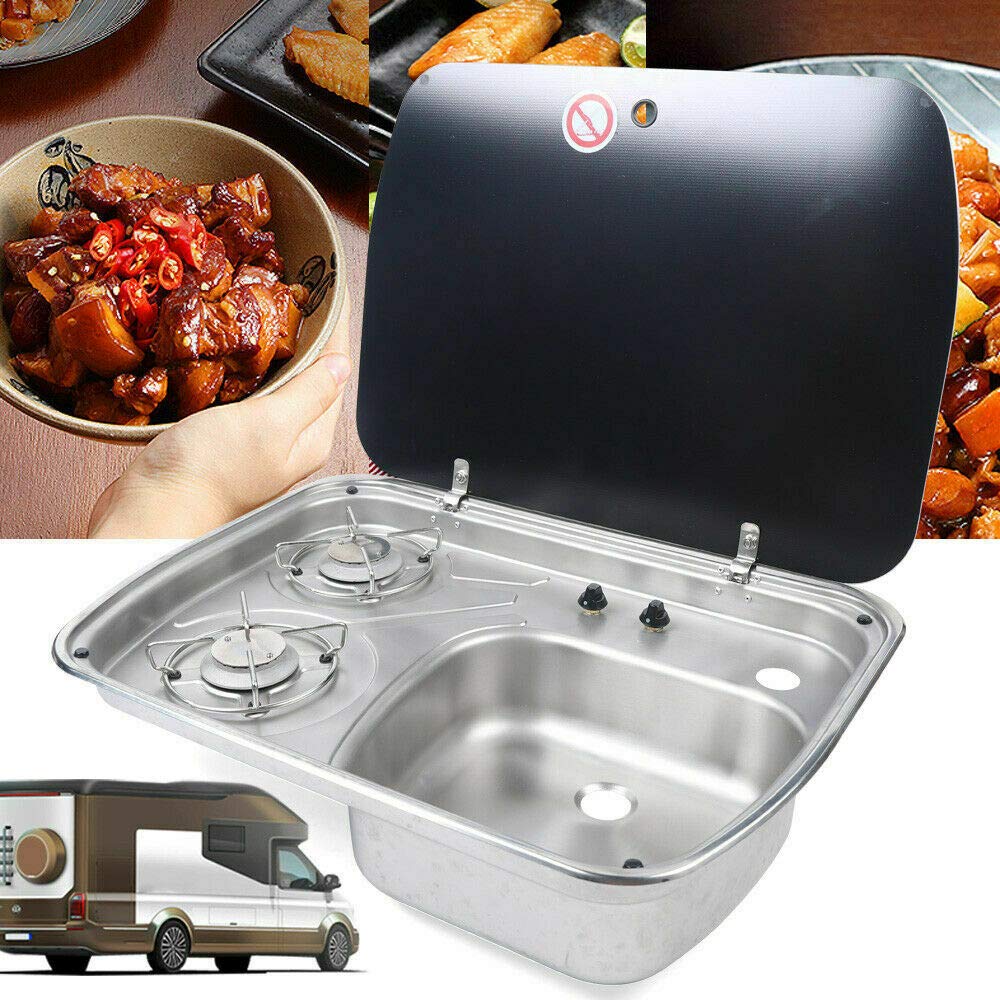 2 Burner Portable Gas Stove for RV, Camper & Boat - Black LPG Cooktop with Tempered Glass Lid & Sink Combo | Outdoor Cooking for Camping, Caravan & Motorhome Adventures