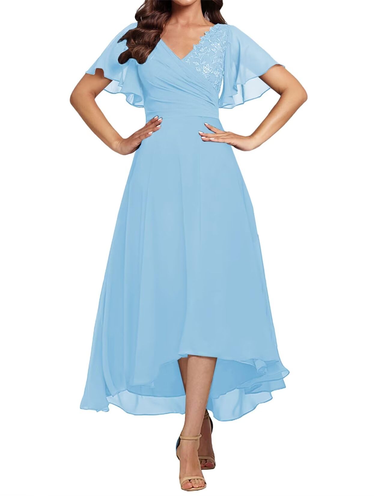Elegant Tea-Length Mother of The Bride Dress with Lace Appliques & V-Neck - Perfect for Weddings, Receptions & Formal Events