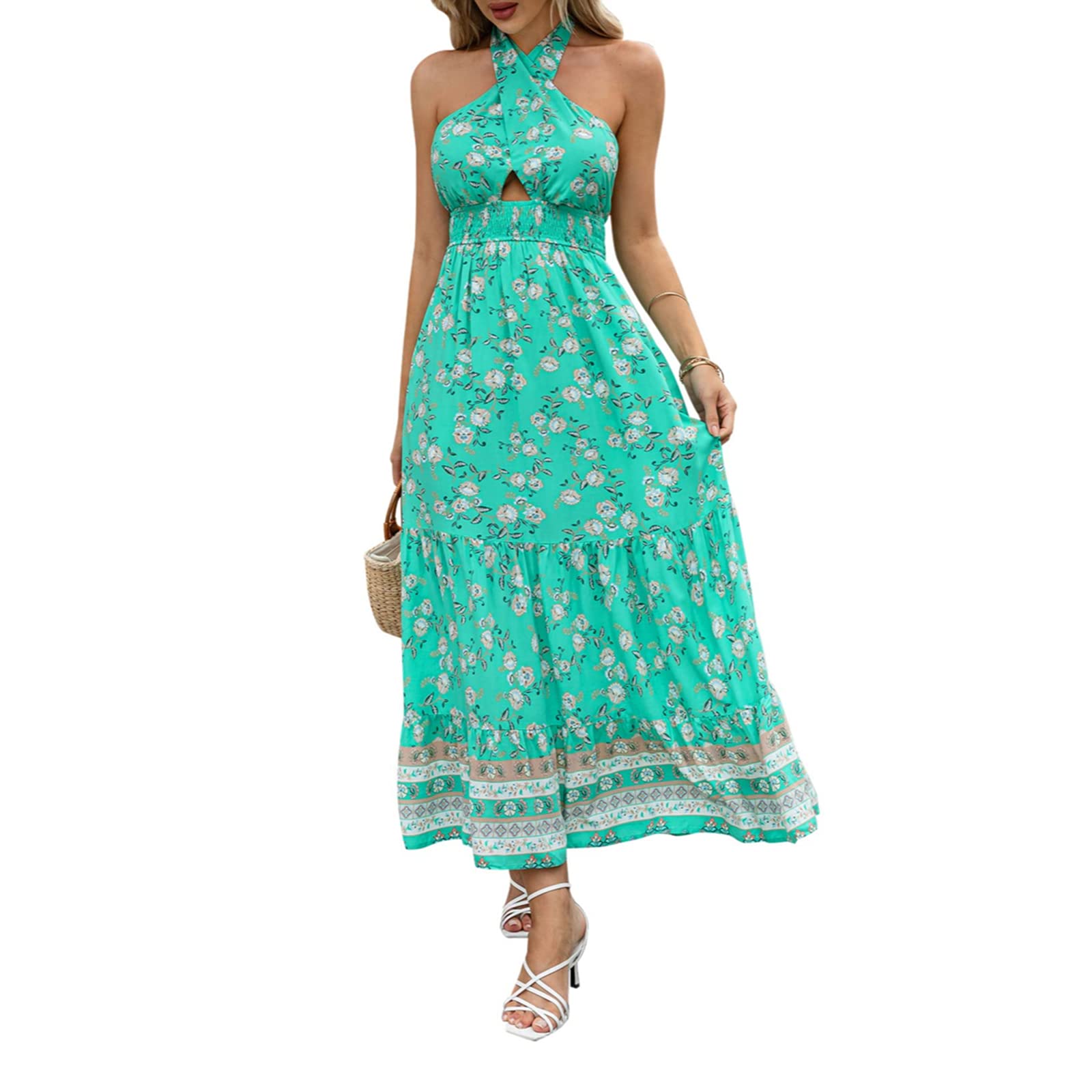 Women's Floral Criss Cross Halter Neck Summer Dress - Sleeveless Backless Cut Out A-Line Maxi Dress for Beach, Vacation & Party Wear