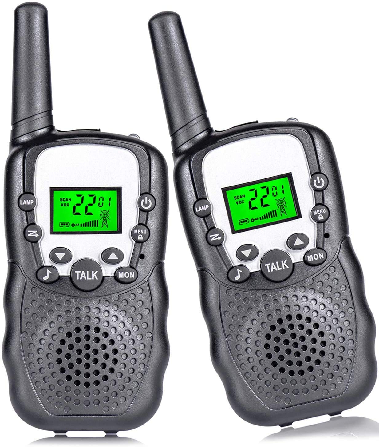 2 Pack Kids Walkie Talkies - 22 Channel Long Range 3 Miles 2 Way Radio with Backlit LCD & Flashlight - Perfect for Outdoor Adventures, Camping, Hiking & Family Games - Gift for Boys Girls Ages 3-12 (Black)