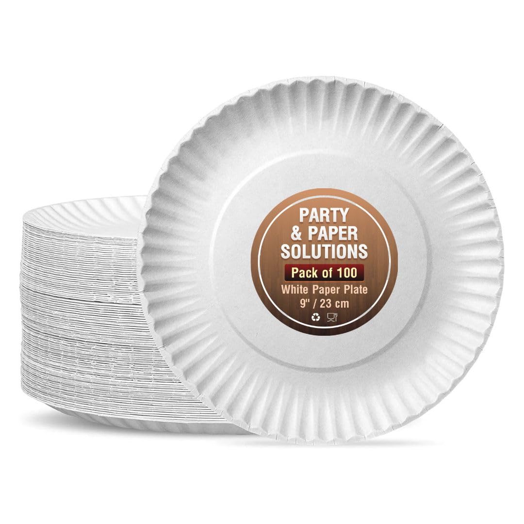 100 White Paper Plates 9 Inch (23cm) - Heavy Duty Disposable Plates for Hot & Cold Food - Perfect for Parties, Picnics, BBQs & Catering Events