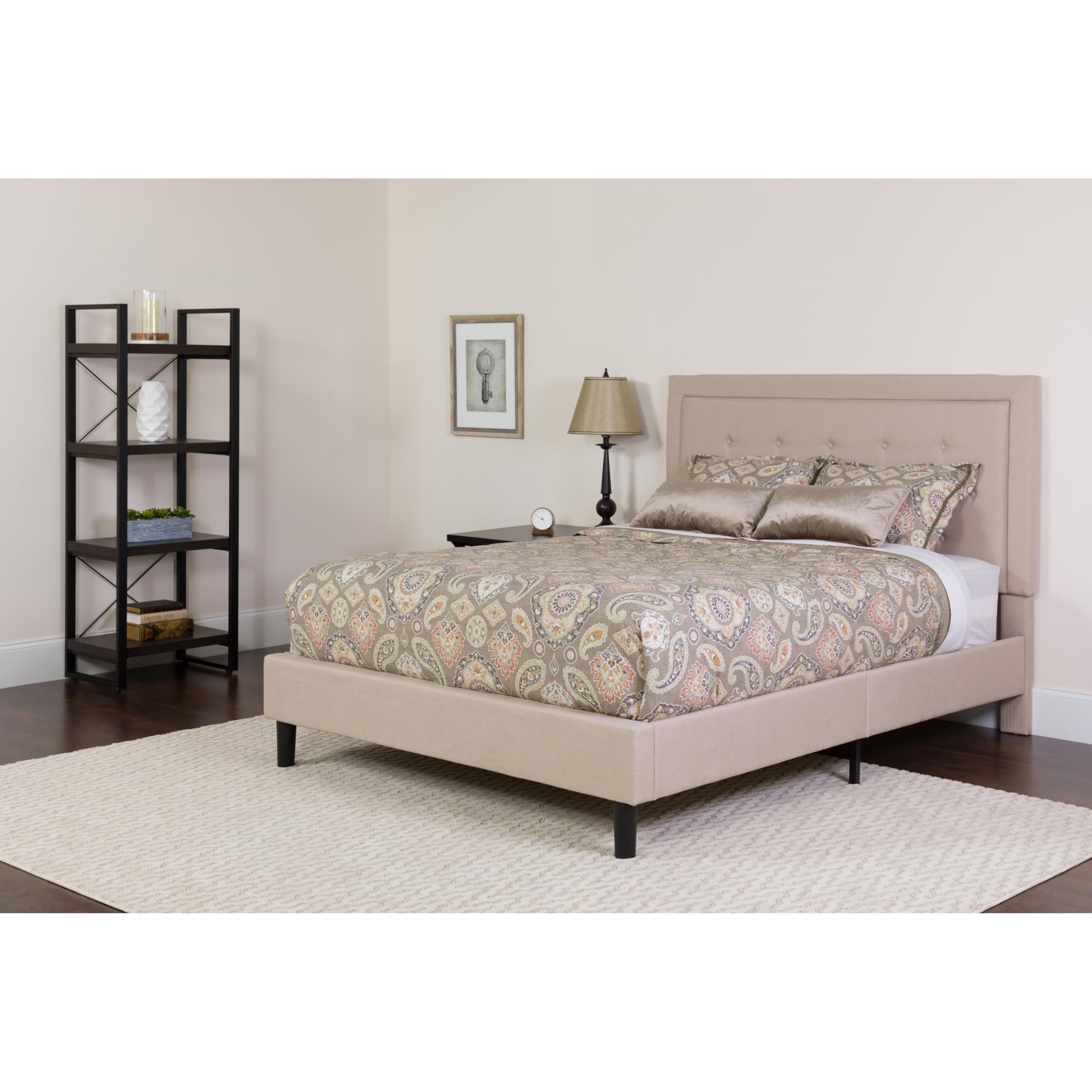 Queen Size Panel Tufted Platform Bed Frame with Headboard - Beige Upholstered Fabric for Bedroom, Guest Room & Master Suite