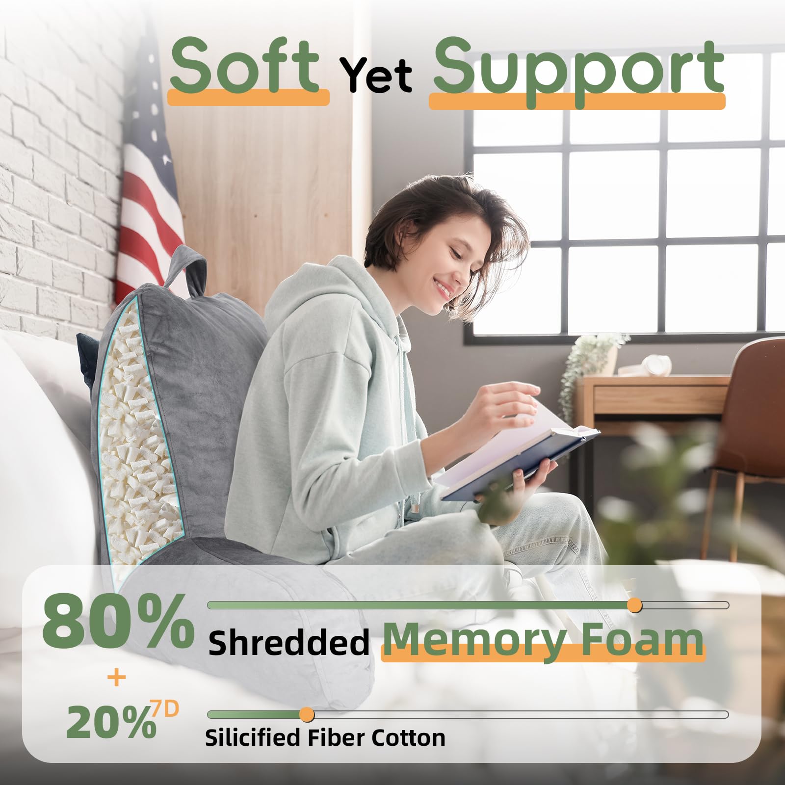 ROKDUK Reading Pillow for Adults - Shredded Memory Foam Backrest with Arms, Support Cushion for Sitting in Bed, Sofa or Floor - Perfect for Reading, Watching TV, Gaming and Relaxing