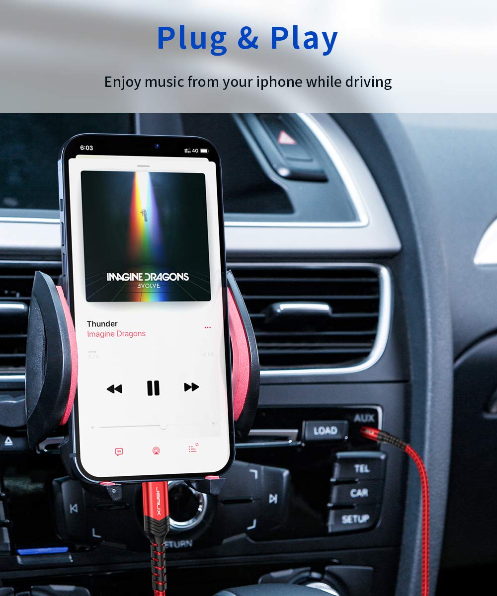 JSAUX MFi Certified Lightning to 3.5mm Aux Cable 1.8M (6ft) - Compatible with iPhone 14/13/12/11/X/XR & Car Stereo/Speaker/Headphone - Red | Perfect for Car Audio, Home Theater & Portable Music Listening