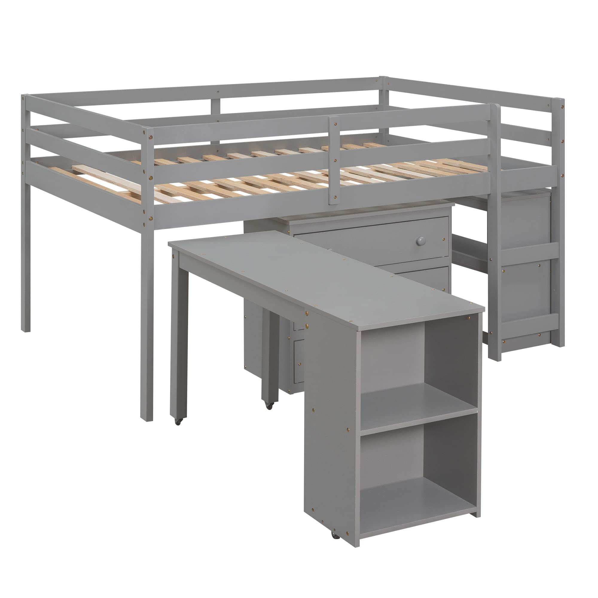 Low Loft Bed Full Size with Desk & Storage - Solid Wood Loft Bed Frame with Cabinet, Shelves & Rolling Desk - Multifunctional Space-Saving Furniture for Kids, Teens & Adults - Perfect for Small Bedrooms, Dorms & Studio Apartments (Gray)