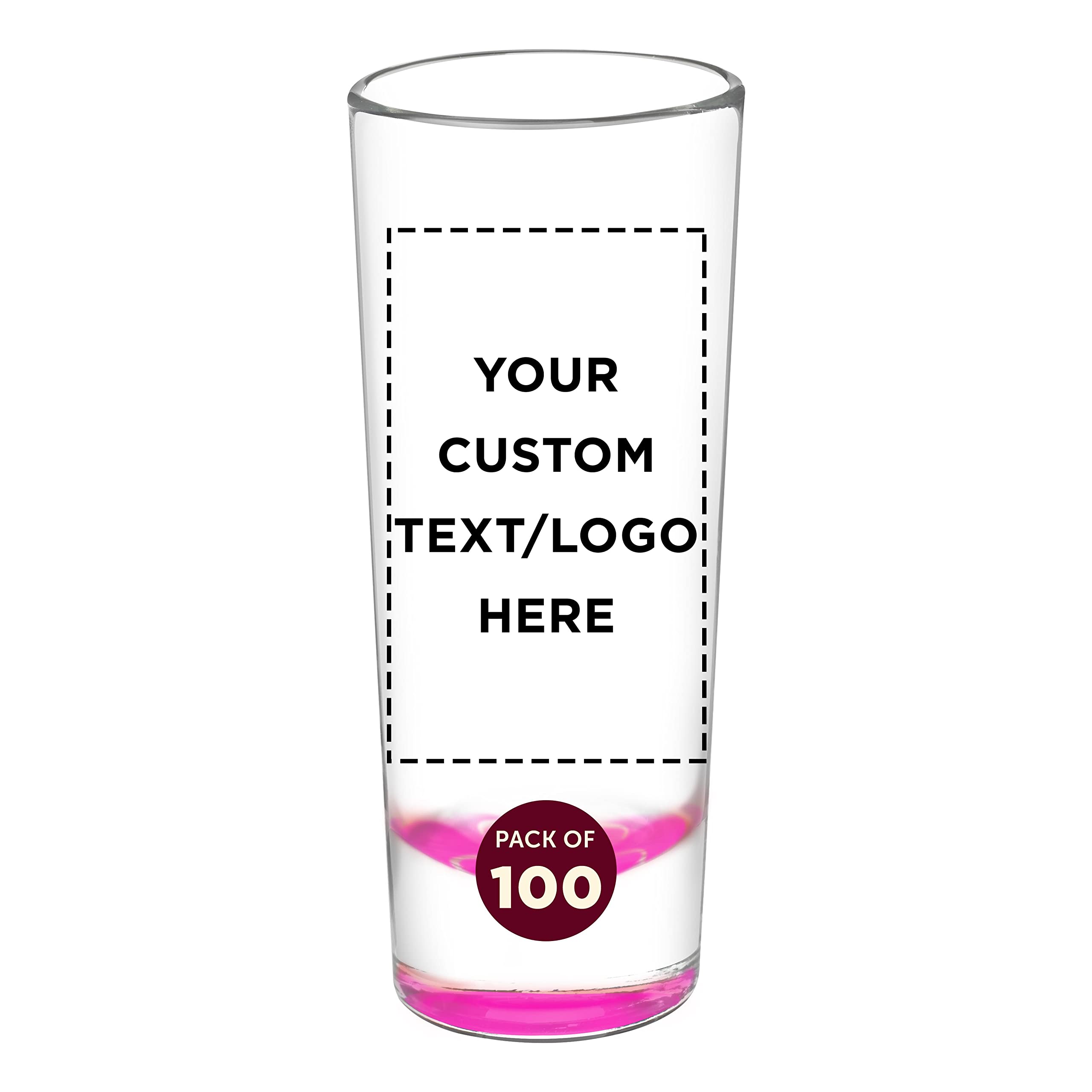Custom 2 oz Cordial Shot Glasses - Bulk Set of 100 Personalized Pink Shooter Glasses for Parties, Weddings & Events - Perfect for Cocktails, Liquor Tasting & Bar Decor