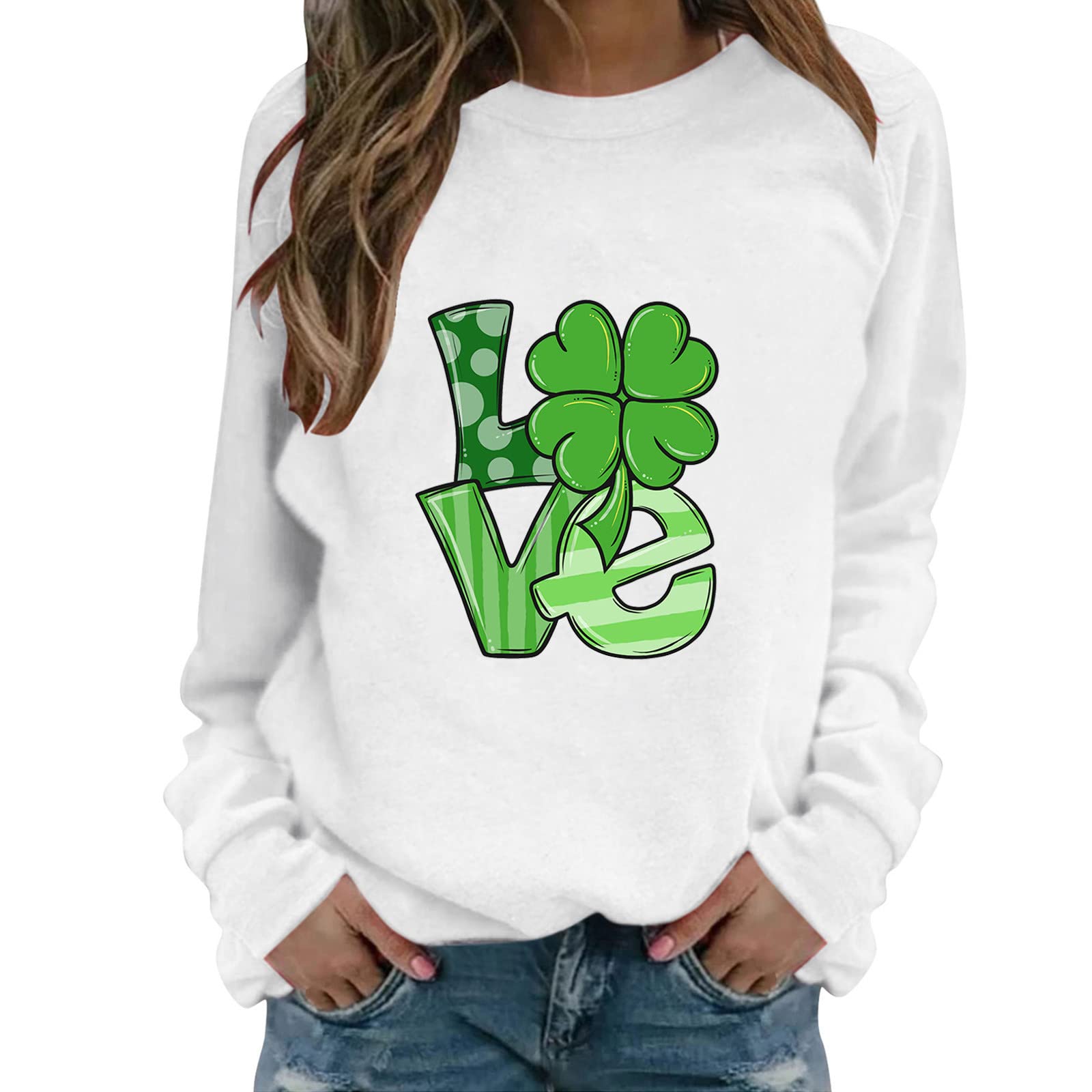 Women's Long Sleeve Printed Turtleneck Sweatshirt - Comfortable Round Neck Loose Fit Casual Top (White, Medium) | Perfect for Everyday Wear, Office Outfits & Weekend Relaxation