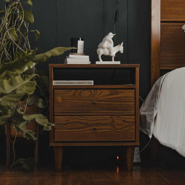Vintage Mid Century Modern Two-Drawer Nightstand - Solid Wood Bedside Table for Bedroom, Living Room & Guest Room - Compact Storage Solution with Classic Design