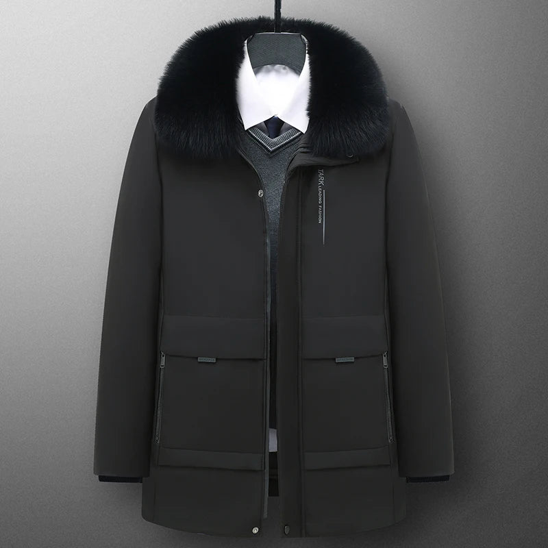 Men's Winter Parka Coat with Fleece Lining & Fur Collar - Thick Warm 5XL Plush Jacket for Autumn Outdoor Work & Cold Weather Protection
