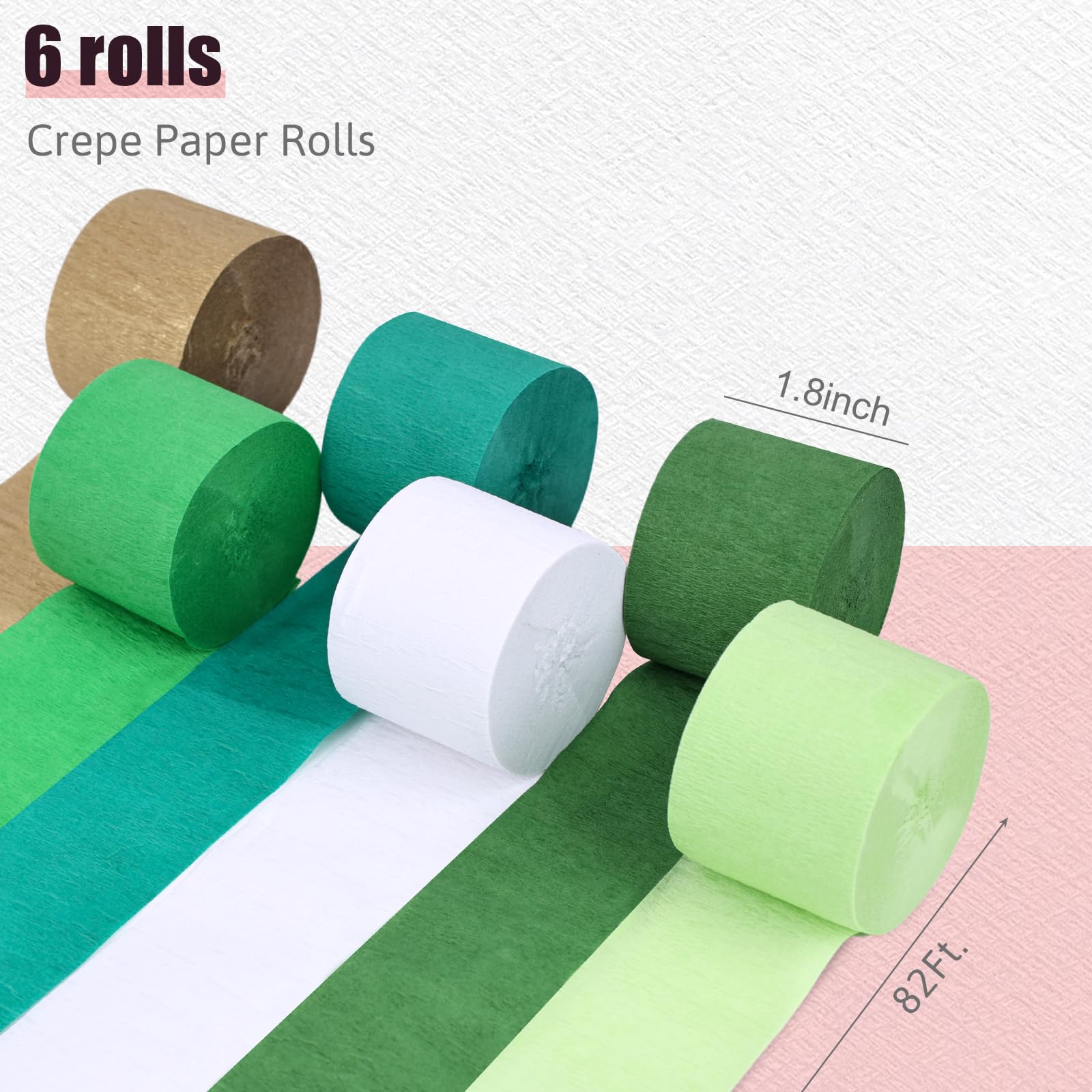 Shindel 6 Rolls Green Crepe Paper Streamers - Thick Decorative Crinkled Paper for Baby Showers, Weddings & St. Patrick's Day Decorations (1.8