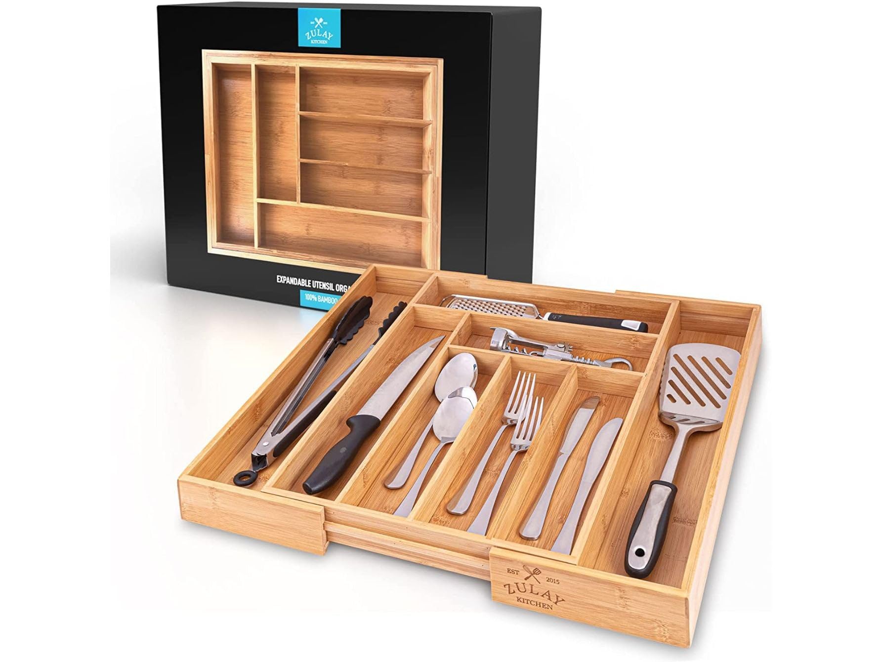 Zulay Expandable Bamboo Drawer Organizer - Adjustable Kitchen Utensil Tray for Silverware, Knives, Flatware Storage - Perfect for Kitchen Drawers, Office Supplies, and Craft Organization