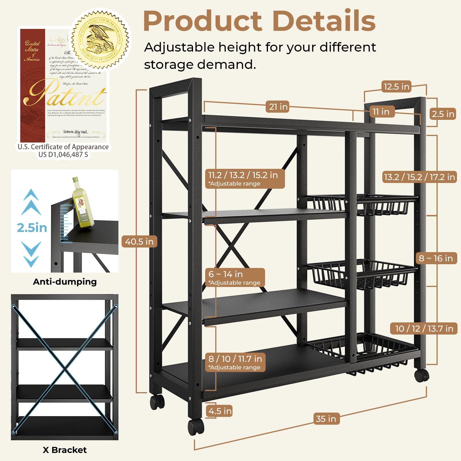4-Tier Adjustable Metal Storage Shelves with Wheels & 3 Wire Baskets - Heavy Duty Kitchen Organizer for Pantry, Garage, Bathroom, Closet - Perfect Housewarming Gift & Home Organization Solution (Ideal for Small Spaces & DIY Storage)