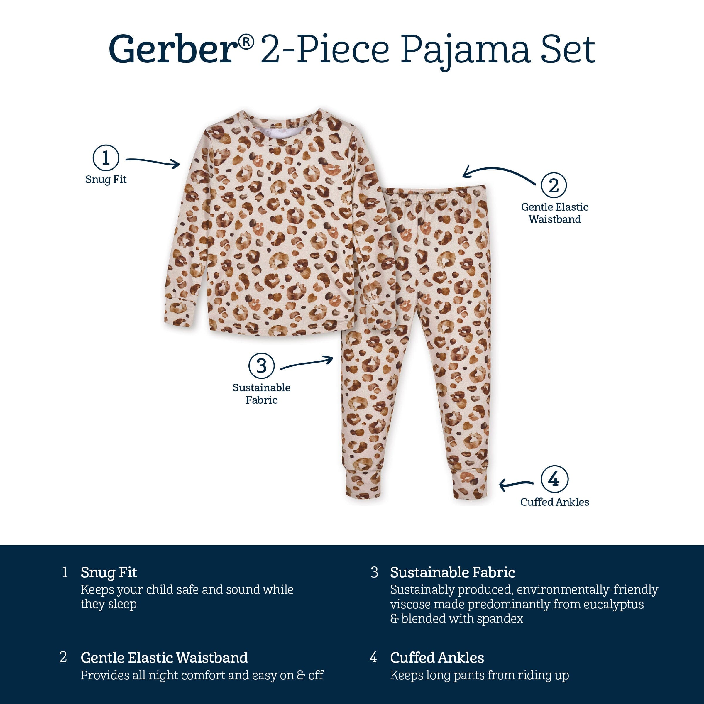 2-Piece Soft Viscose Baby Leopard Print Pajama Set - Eco-Friendly Eucalyptus Fabric for Infants & Toddlers - Perfect for Cozy Bedtime & Nursery Comfort