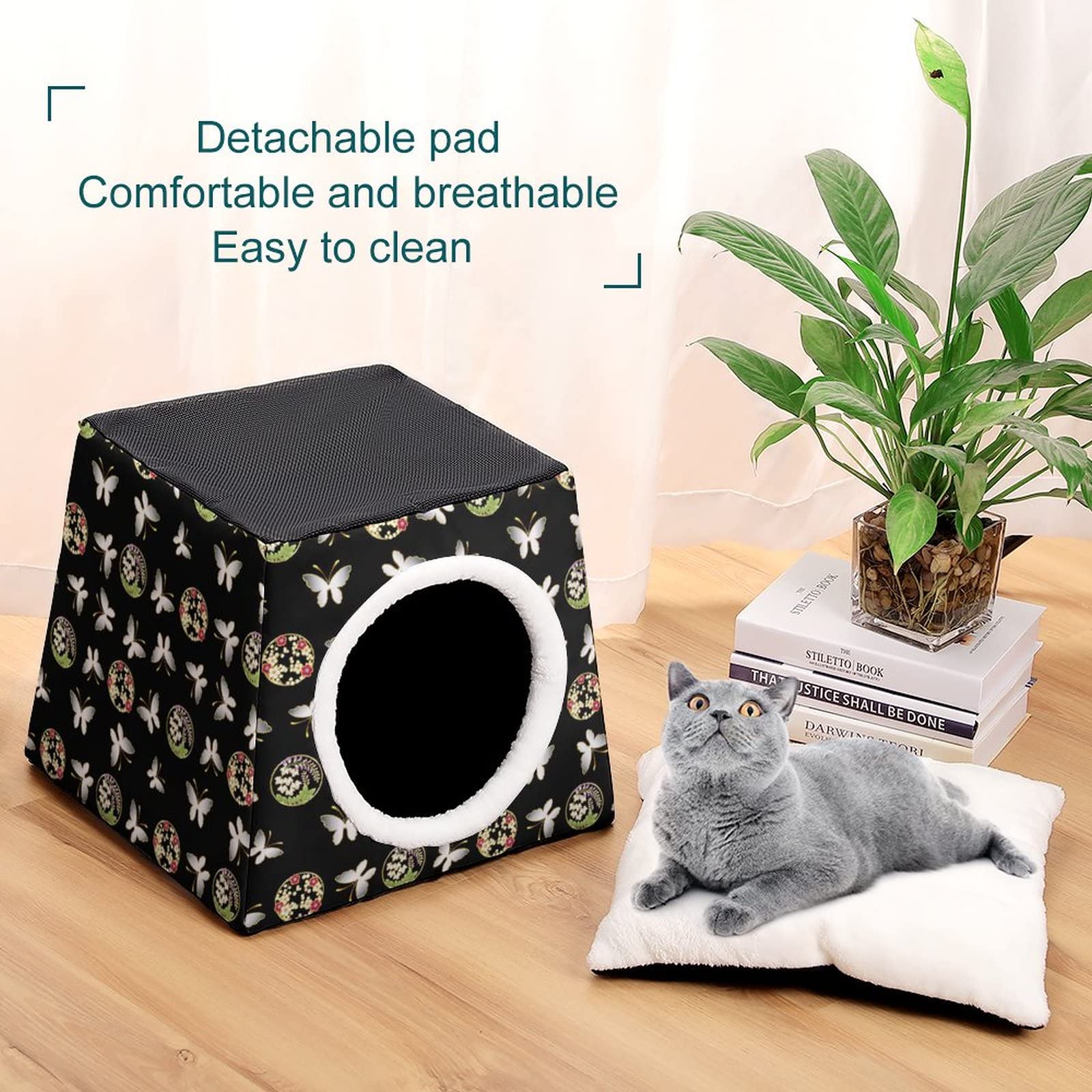 3-in-1 Foldable Cat House, Bed & Sofa with Removable Cushion - Butterfly Black Retro Style Cat Shelter & Scratching Toy for Indoor Cats - Perfect for Living Room, Bedroom or Pet Corner
