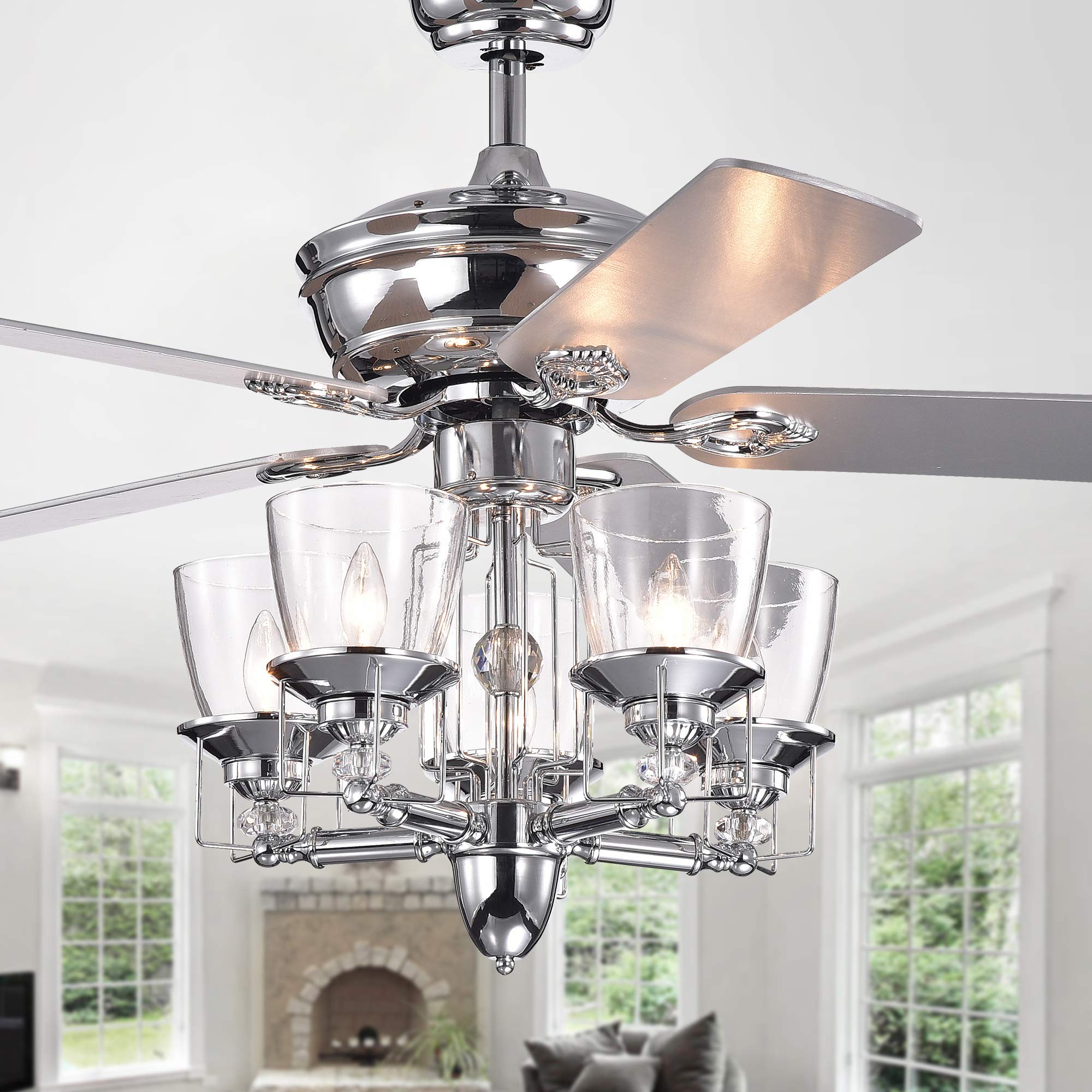 Tiffany Style Chrome Ceiling Fan with Glass Cup Branched Chandelier and LED Lights - Modern Lighting for Living Room, Bedroom, or Dining Room