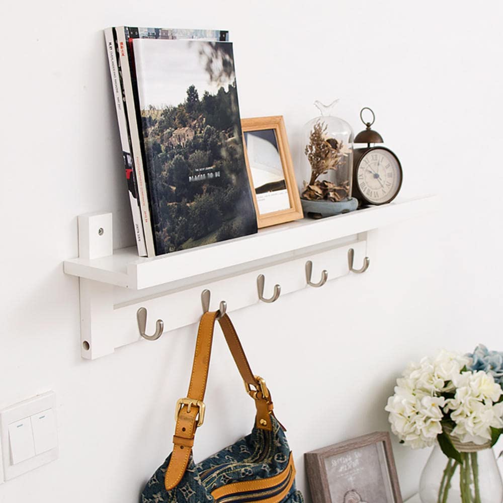 RiShengChang Floating Wall Shelf with Zinc Alloy Hooks - Rustic Bamboo Storage Shelf for Kitchen, Living Room & Bedroom - Farmhouse Decor for Hanging Coats, Books & Decorative Items