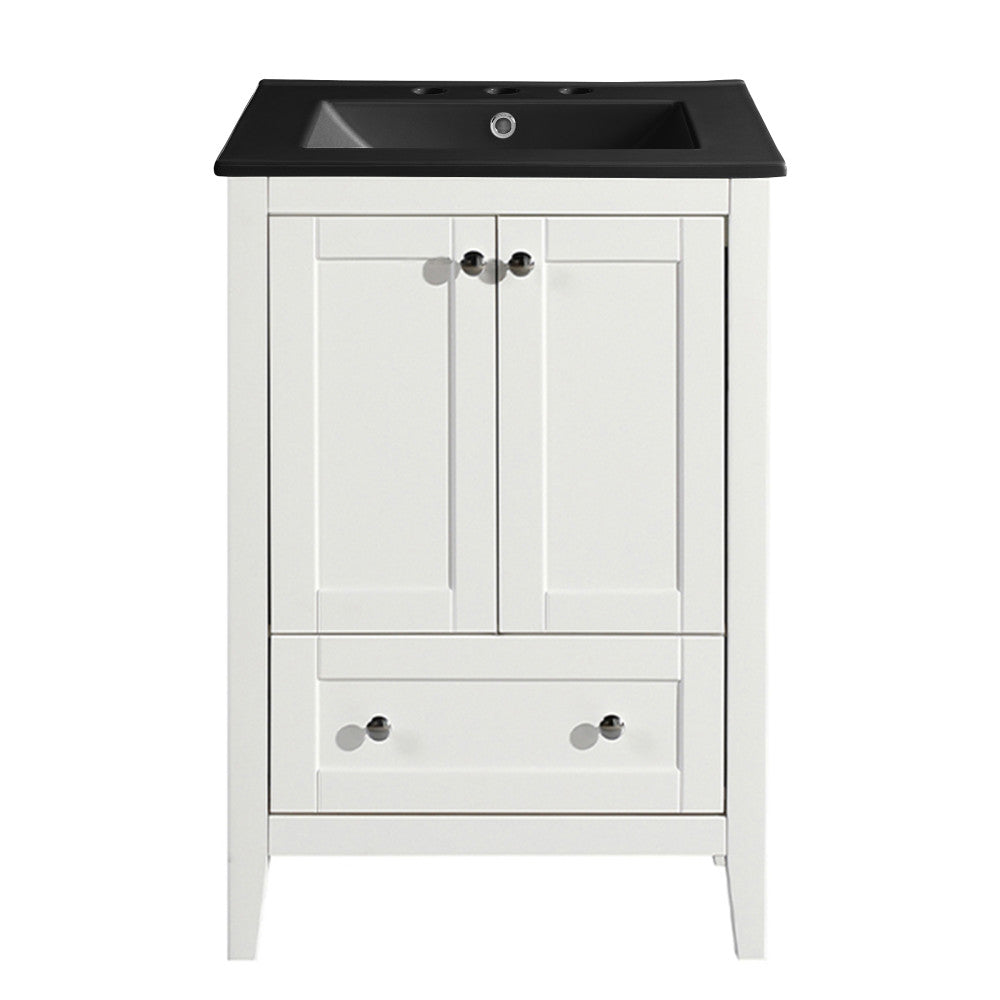 24 Inch White Bathroom Vanity with Black 3-Hole Ceramic Sink Top - Modern Bathroom Storage for Small Spaces, Powder Rooms & Guest Baths