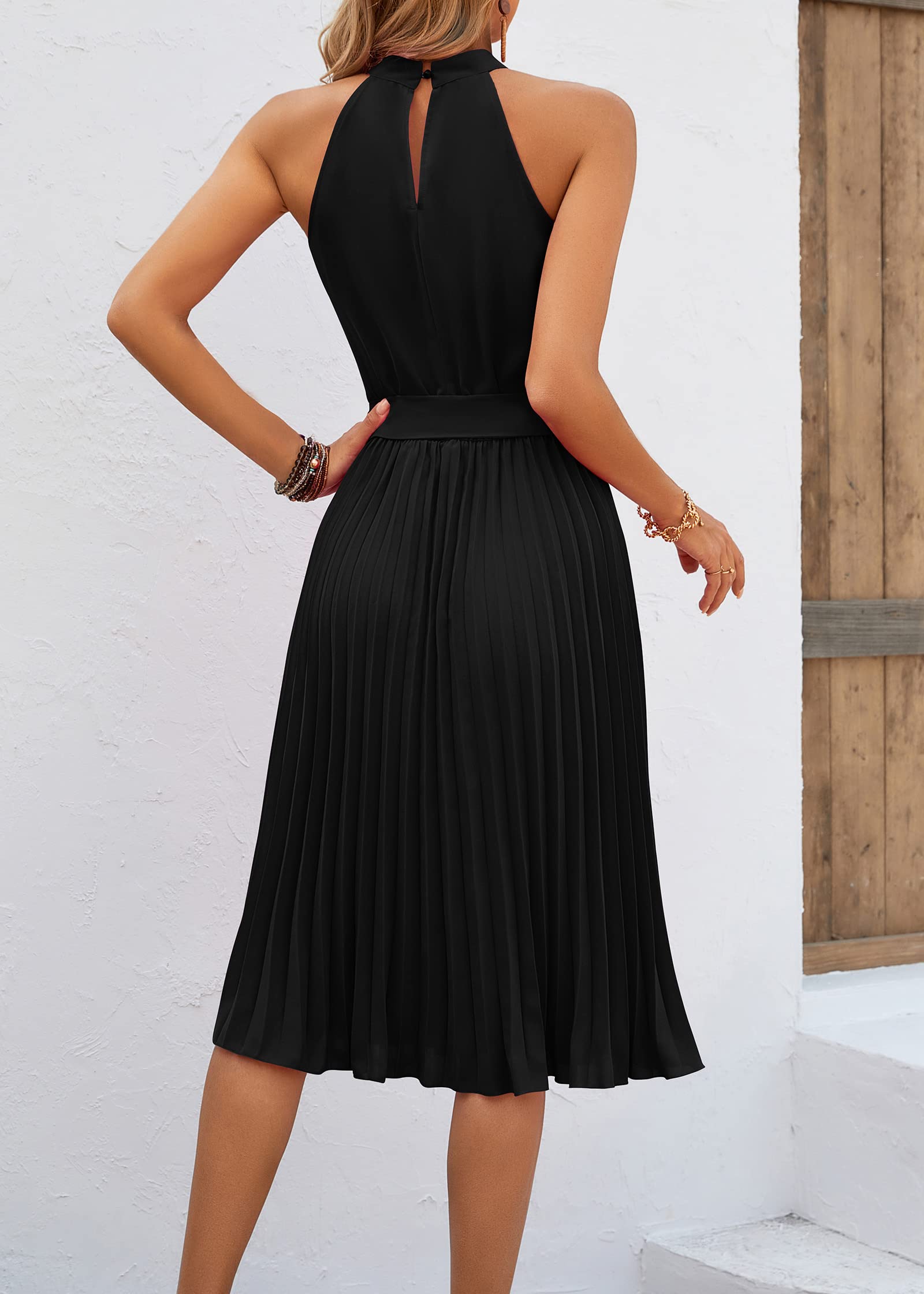 KIRUNDO Women's 2025 Summer Sleeveless Halter Neck Pleated Midi Cocktail Dress with Belt | A-Line Flowy Beach Sun Dress for Pool Party, Vacation & Evening Out