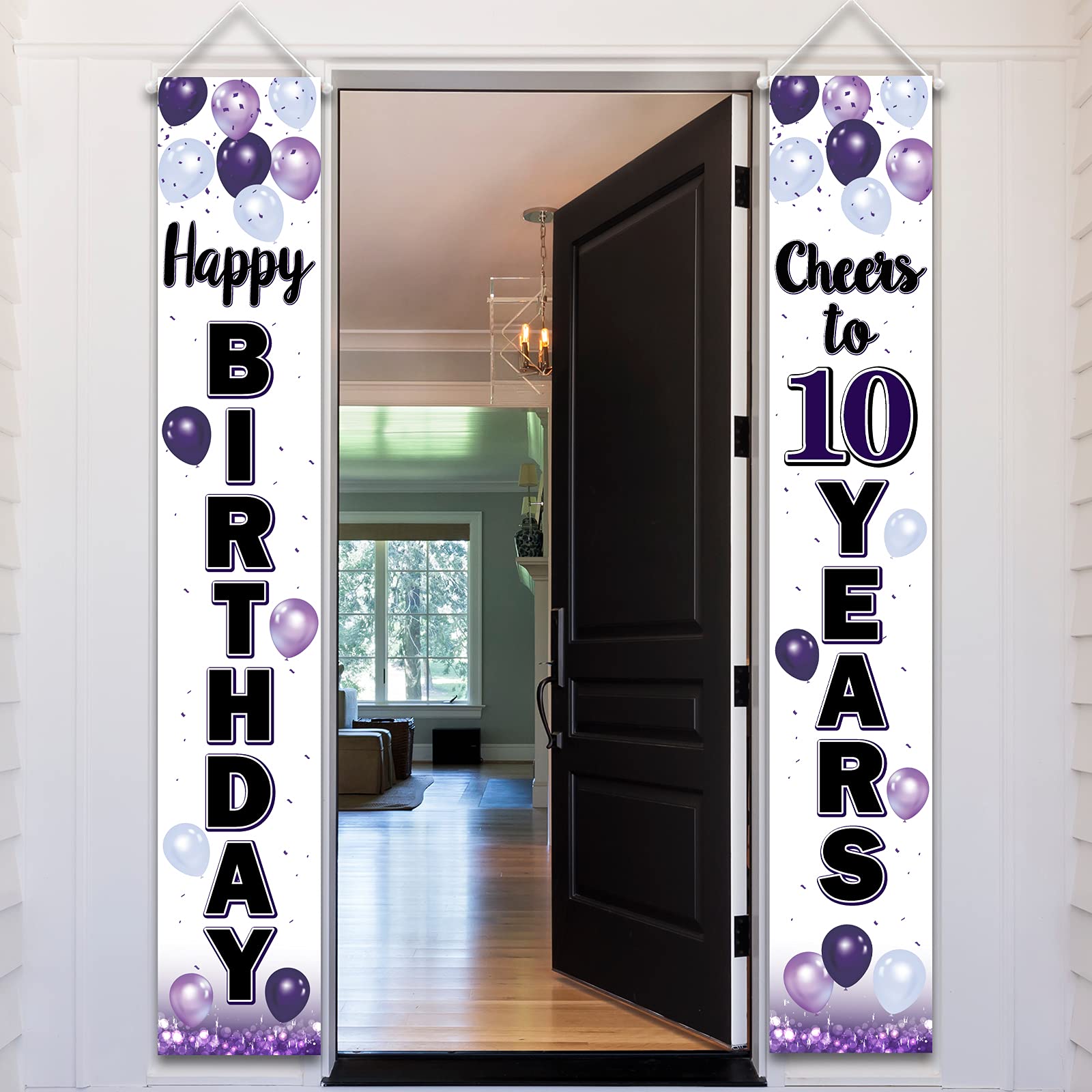 10th Birthday Party Decorations - Purple Balloon Theme Door Hanging Banner & Sign - Cheers to Ten Years Old Birthday Supplies for Girls & Boys - Perfect for Milestone Celebrations, Classroom Parties & Family Gatherings