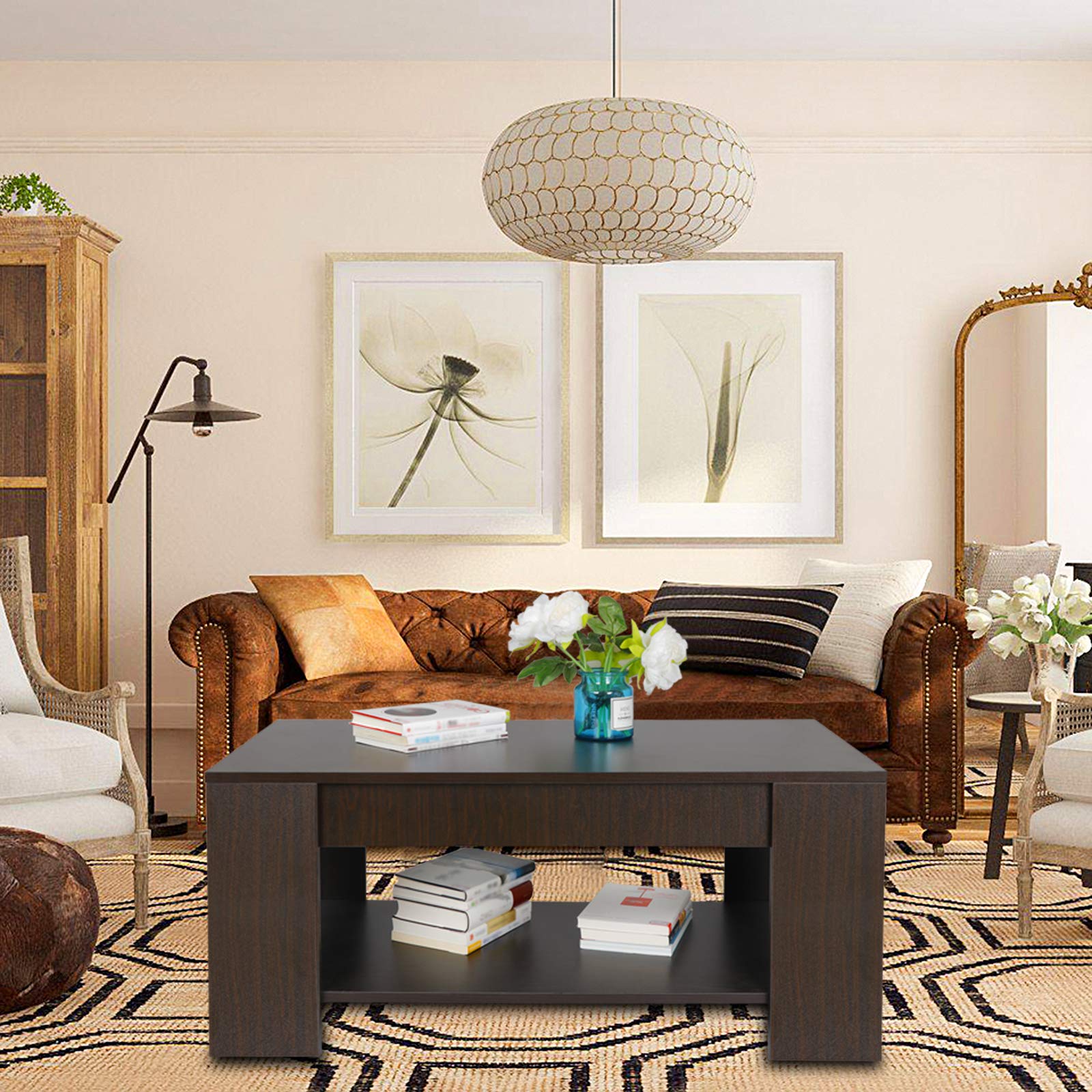 Modern Lift Top Coffee Table with Hidden Compartment & Storage Shelves - Pop-Up Storage Cocktail Table for Living Room, Reception Area | Space-Saving Furniture for Small Apartments & Home Entertainment