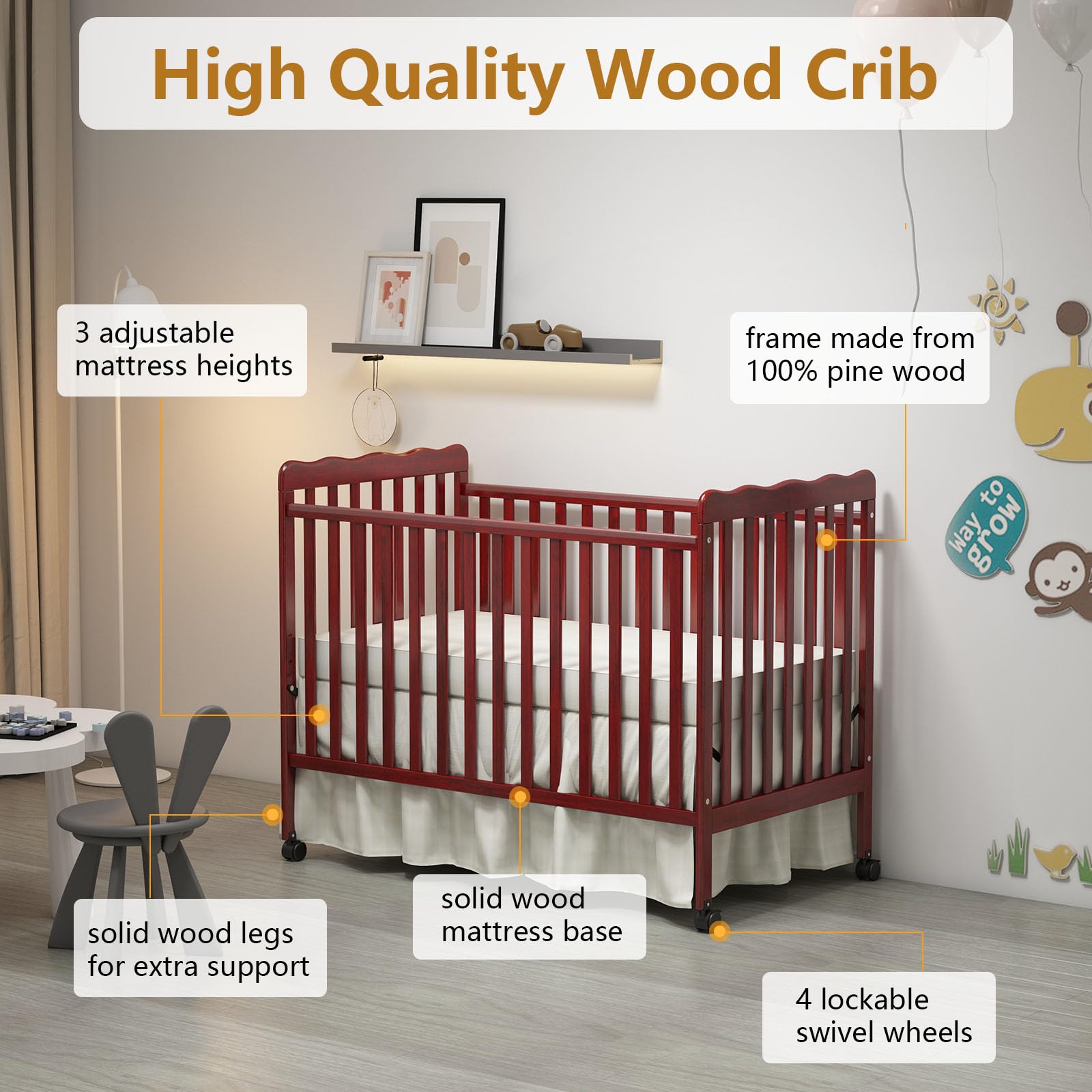 3-in-1 Convertible Baby Crib to Toddler Bed & Full Size Bed Frame - Safe Nursery Furniture for Newborns & Kids - Perfect for Small Spaces & Growing Families (Mattress Not Included) | Nursery Decor, Bedroom Upgrade & Space-Saving Solution