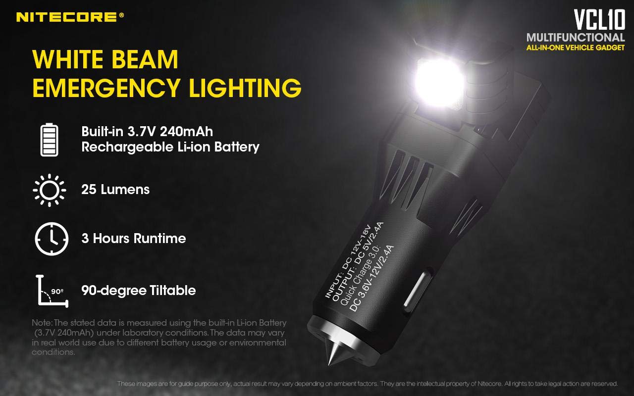 Nitecore VCL10 Car Cigarette Lighter Fast Charger with Window Breaker - 25 Lumens LED Flashlight - Includes Battery - Perfect for Emergency Kits & Road Trips