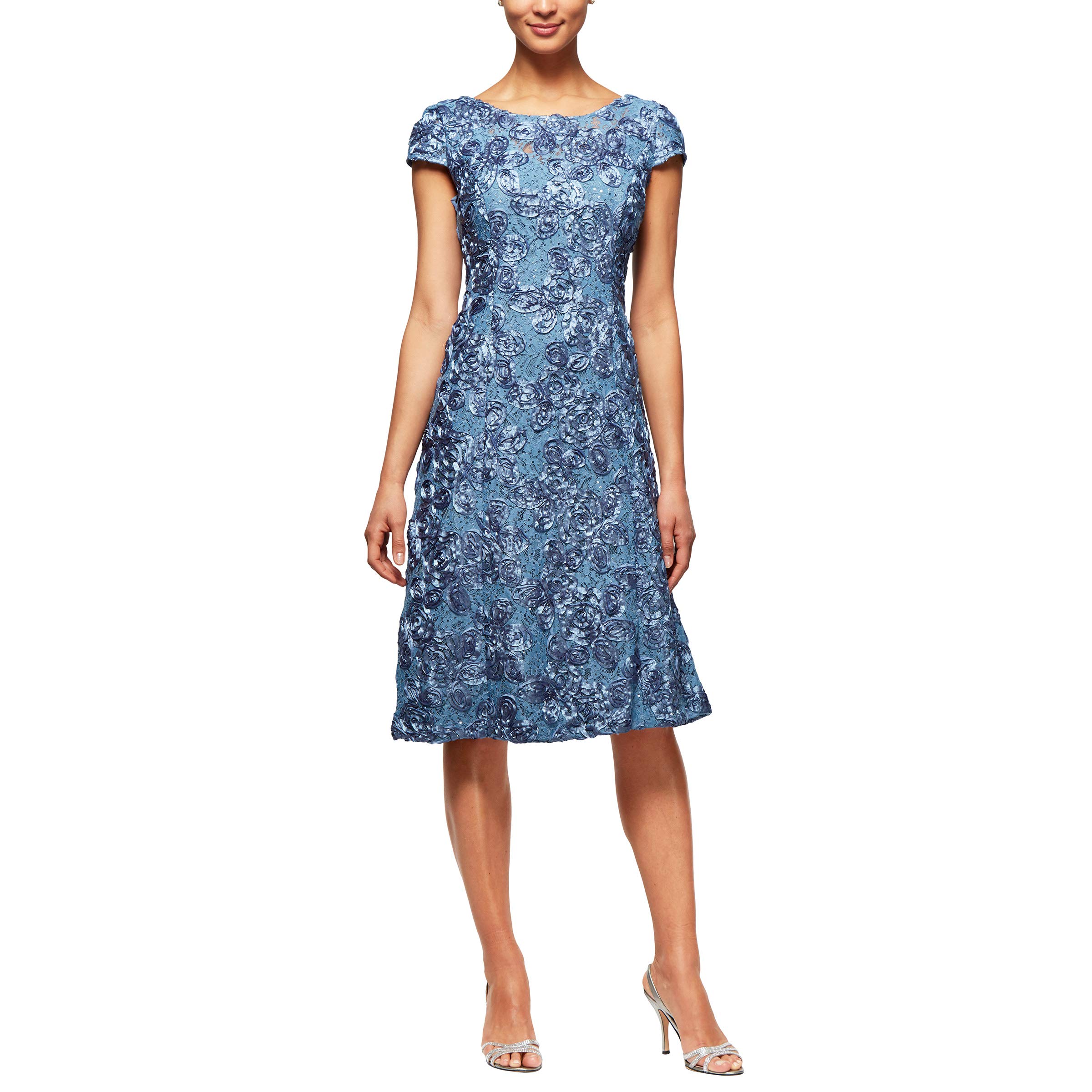 Alex Evenings Women's Tea Length Mother of The Bride Dress with Rosette Lace Detail - Formal Occasion Wedding Guest Dress (Petite & Regular Sizes) - Perfect for Weddings, Receptions, and Special Events