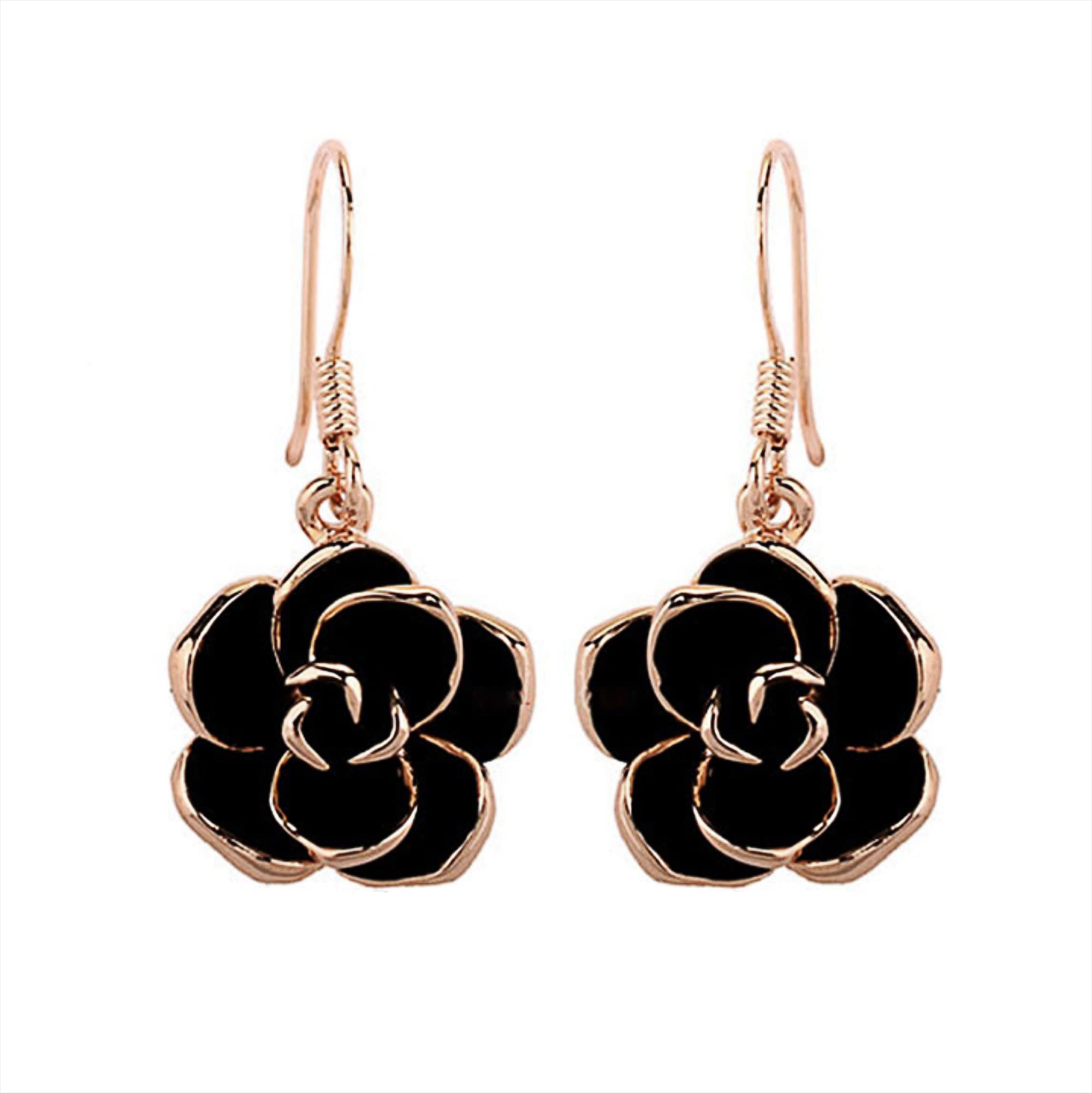 Rose Gold Plated Black Rose Dangle Drop Earrings - Elegant Fashion Jewelry for Women, Perfect for Evening Parties & Date Nights
