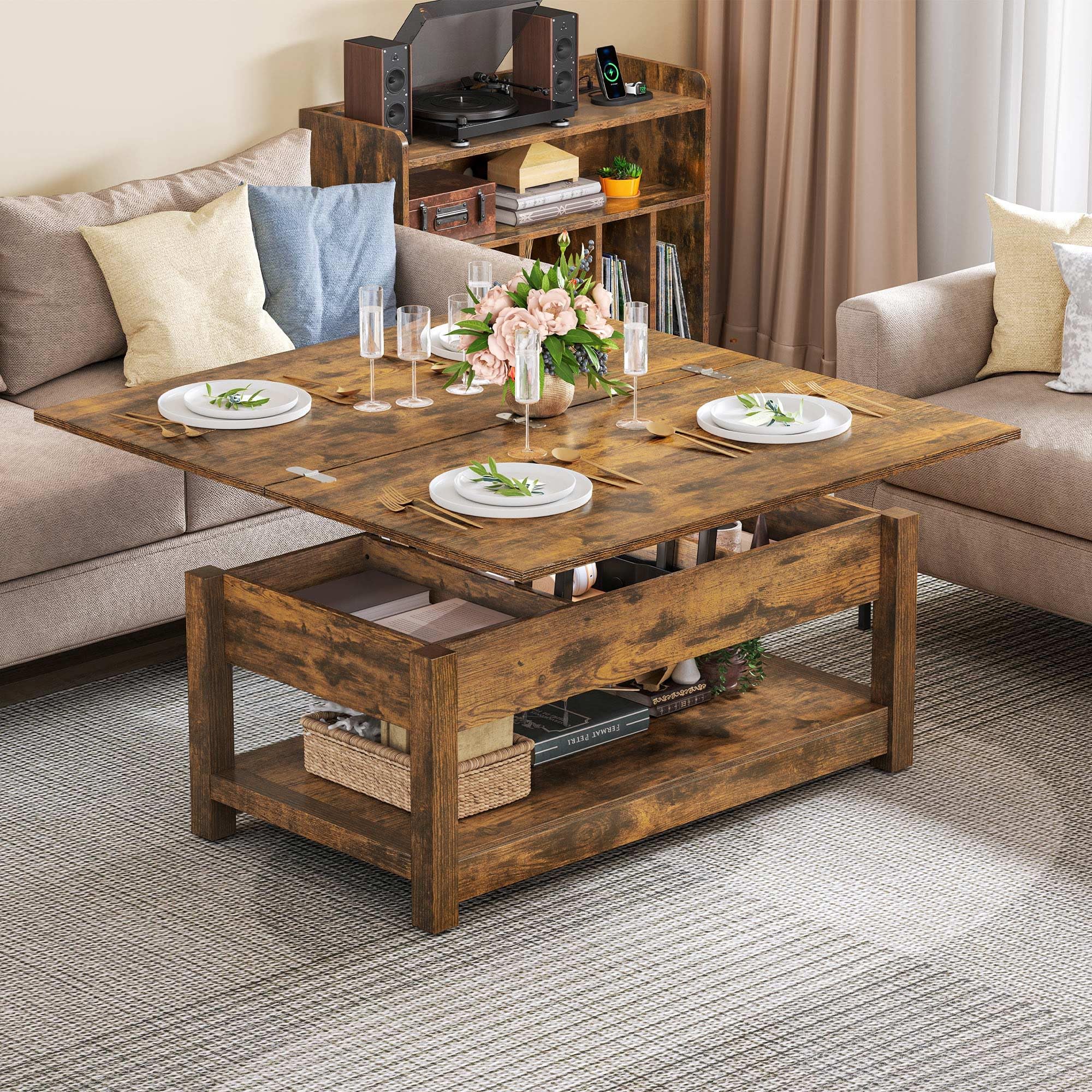 YITAHOME Lift Top Coffee Table with Storage - 3-in-1 Multi-Function Wooden Center Table with Hidden Compartment, Rustic Brown Farmhouse Style for Living Room | Perfect for Small Spaces, Home Office & TV Room Decor