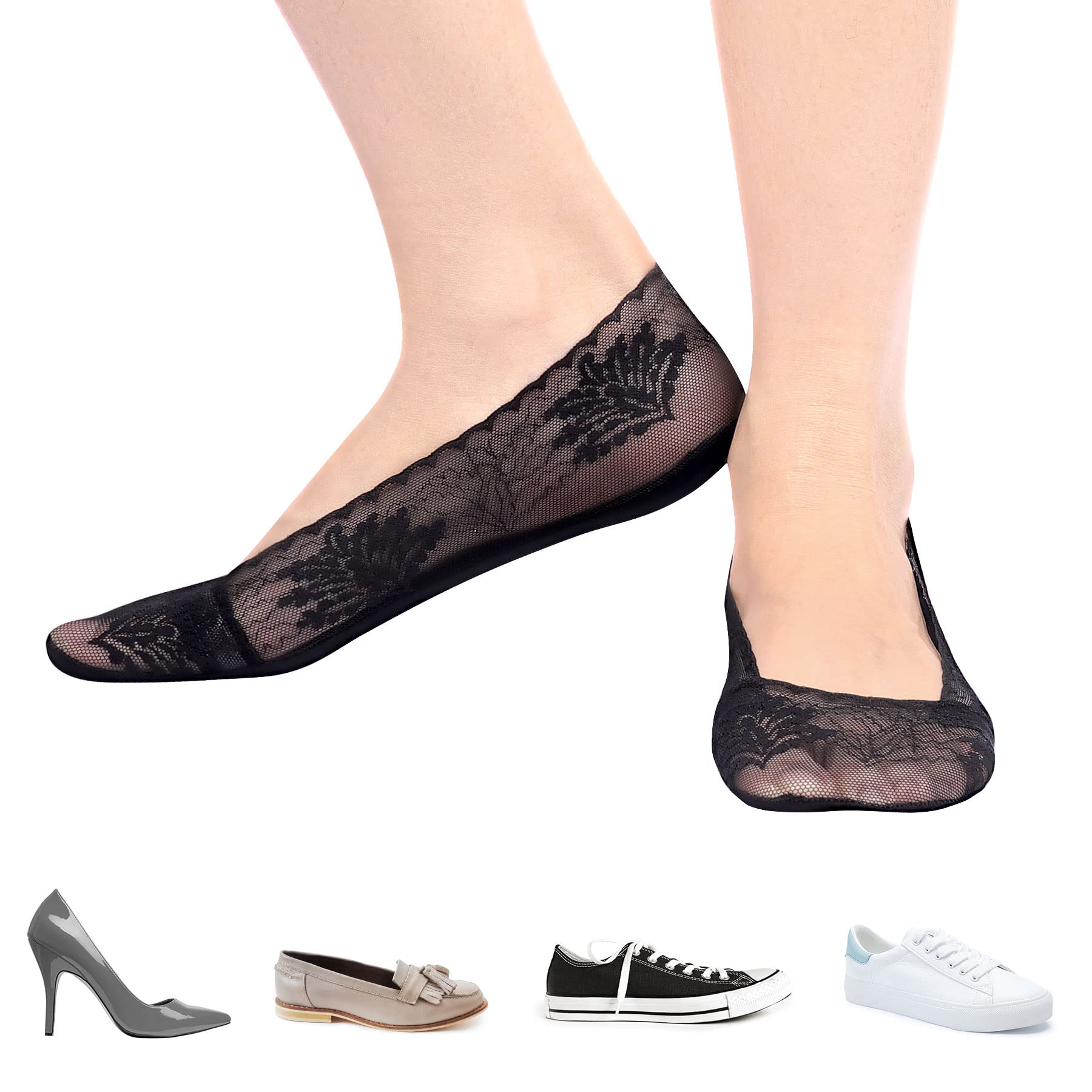 6 Pairs Women's No Show Socks - Non Slip Invisible Lace Socks for Sneakers & High Heels | Ultra Low Cut Shoe Liners for Comfort & Style | Perfect for Workouts, Office Wear & Casual Outfits