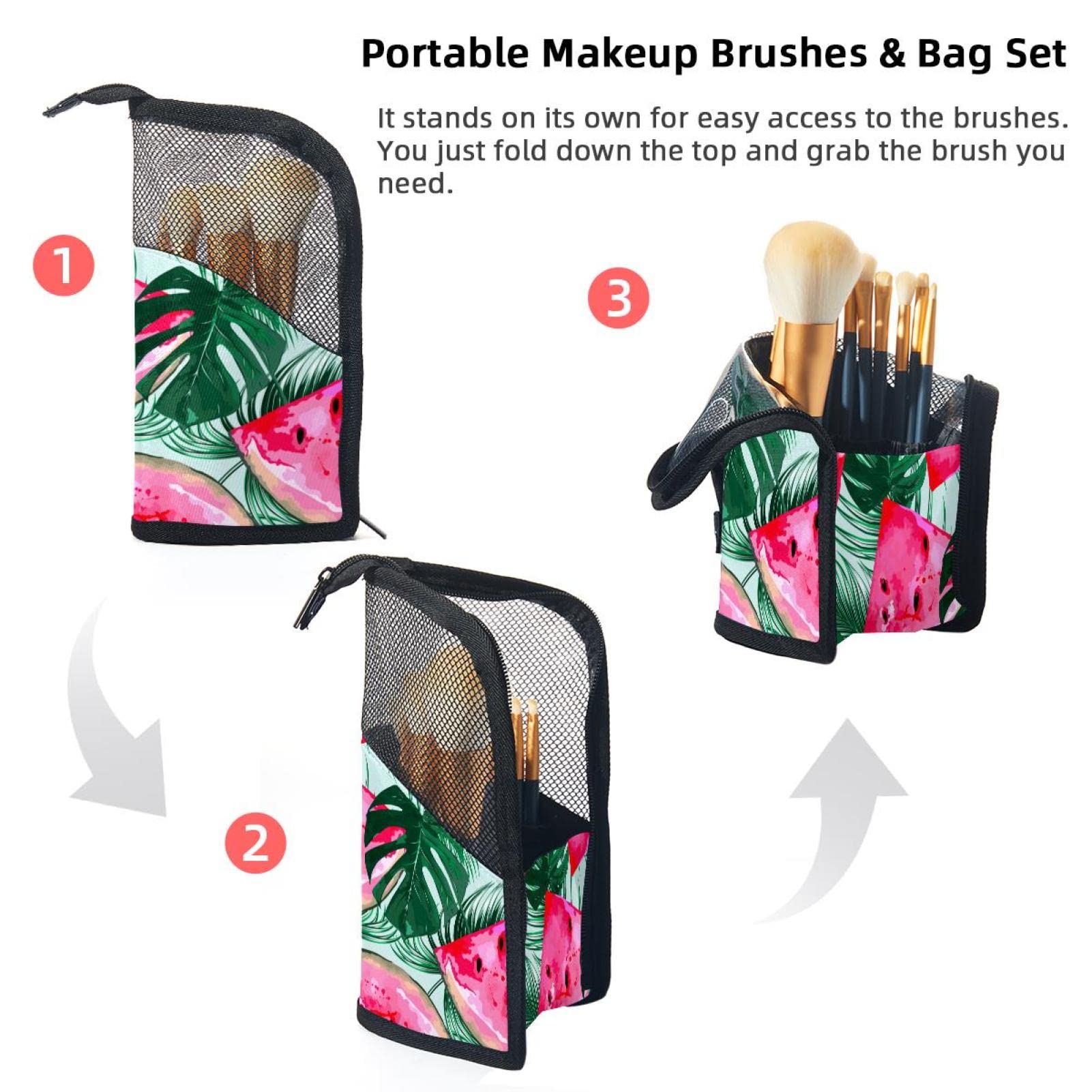 12-Piece Makeup Brush Organizer Bag with Watermelon Tropical Leaf Design - Portable Cosmetic Brush Holder Case for Travel & Home Storage | Perfect for Makeup Artists & Beauty Enthusiasts
