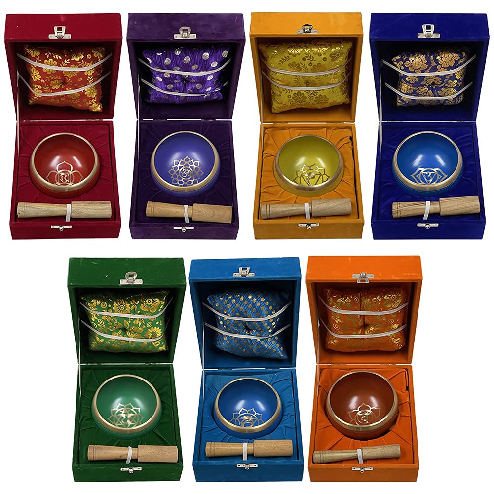 Chakra Singing Bowls Set - Tibetan Meditation Singing Bowls with Cushion Mallet, Tulsi Mala Beads & Prayer Flag for Mindfulness, Yoga & Spiritual Healing (Medium Size) - Perfect for Home Meditation, Sound Therapy & Relaxation