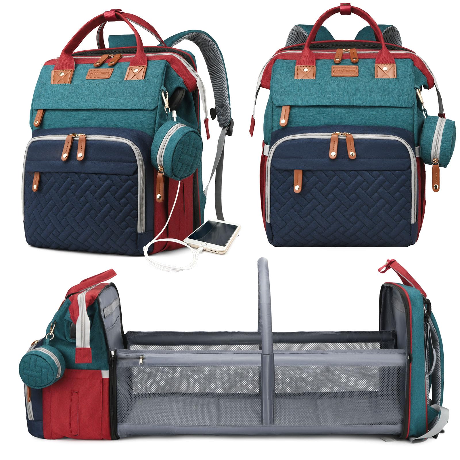 **Waterproof Diaper Backpack with Changing Station & USB Charging Port – Large Capacity Baby Diaper Bag for Moms & Dads – Perfect Baby Shower Gift (Red, Green, Blue) – Ideal for Travel, Outings & Daily Use**