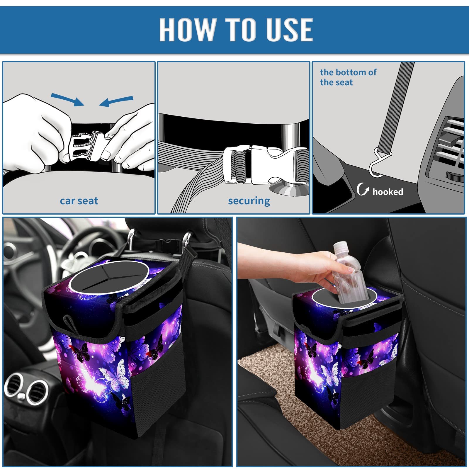 Purple Butterfly Car Trash Can with Lid - Collapsible Reusable Waterproof Auto Garbage Bin for Car, Truck & SUV | Car Accessories & Interior Organizer | Perfect for Road Trips, Commuting & Keeping Vehicle Clean
