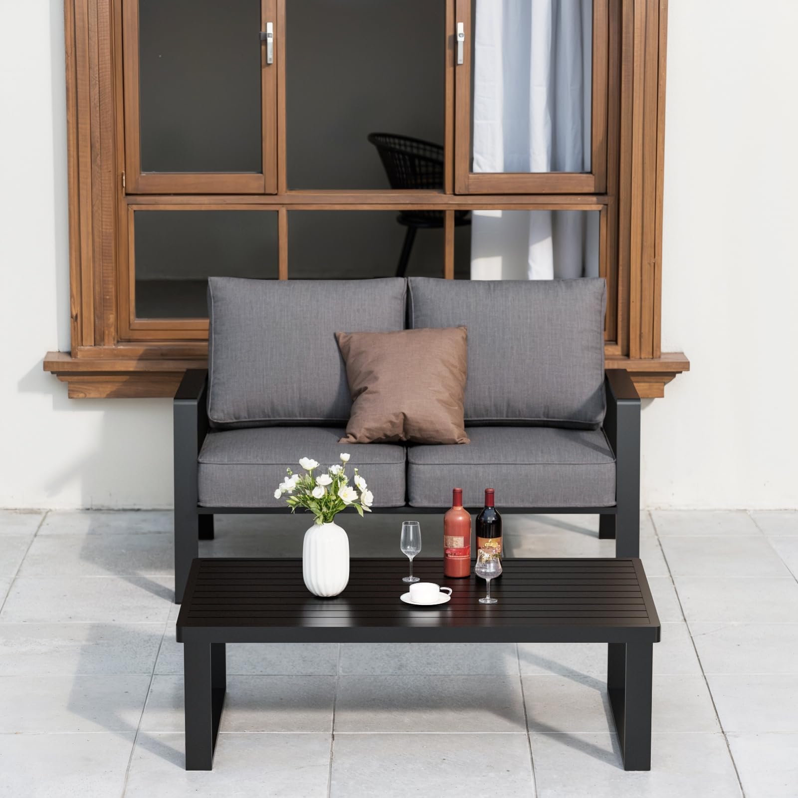 **Dark Grey Aluminum Outdoor Loveseat - Oversized All-Weather Patio Couch with Coffee Table, Modern Metal Furniture Set for Garden, Poolside & Backyard Relaxation**