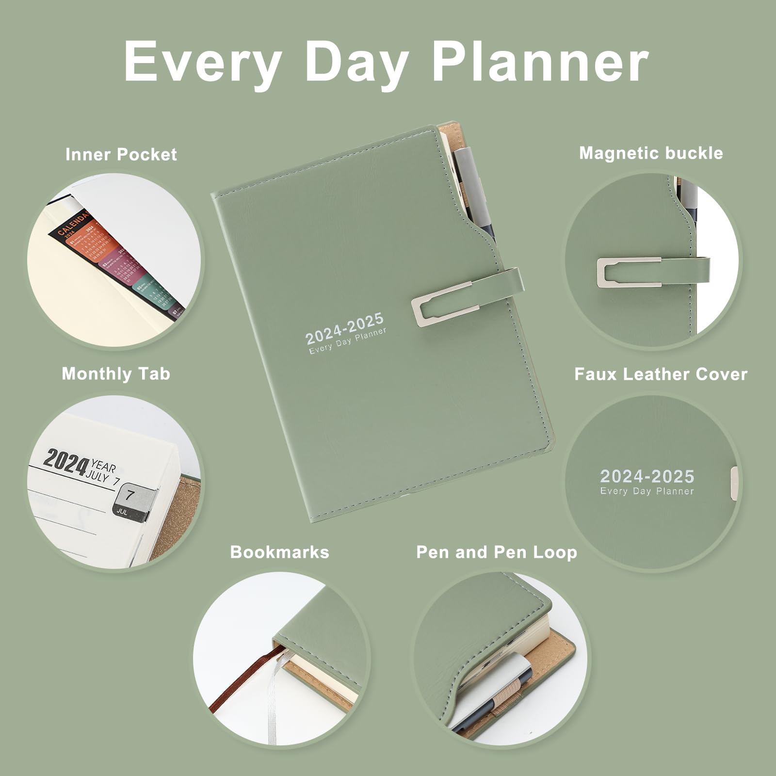 2024-2025 Academic Diary Planner - July 2024 to June 2025 A5 Day-to-Page Organizer with Calendar Stickers, Pen Holder & Premium Thick Paper (14x21.5cm, Green) - Perfect for Students, Teachers & Office Professionals