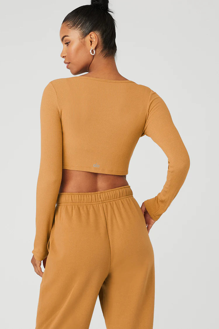 Alo Yoga Women's Whisper Ribbed Cropped Cardigan Sweater - Soft Stretch Knit Toffee Brown Cardigan for Yoga, Lounge & Casual Wear