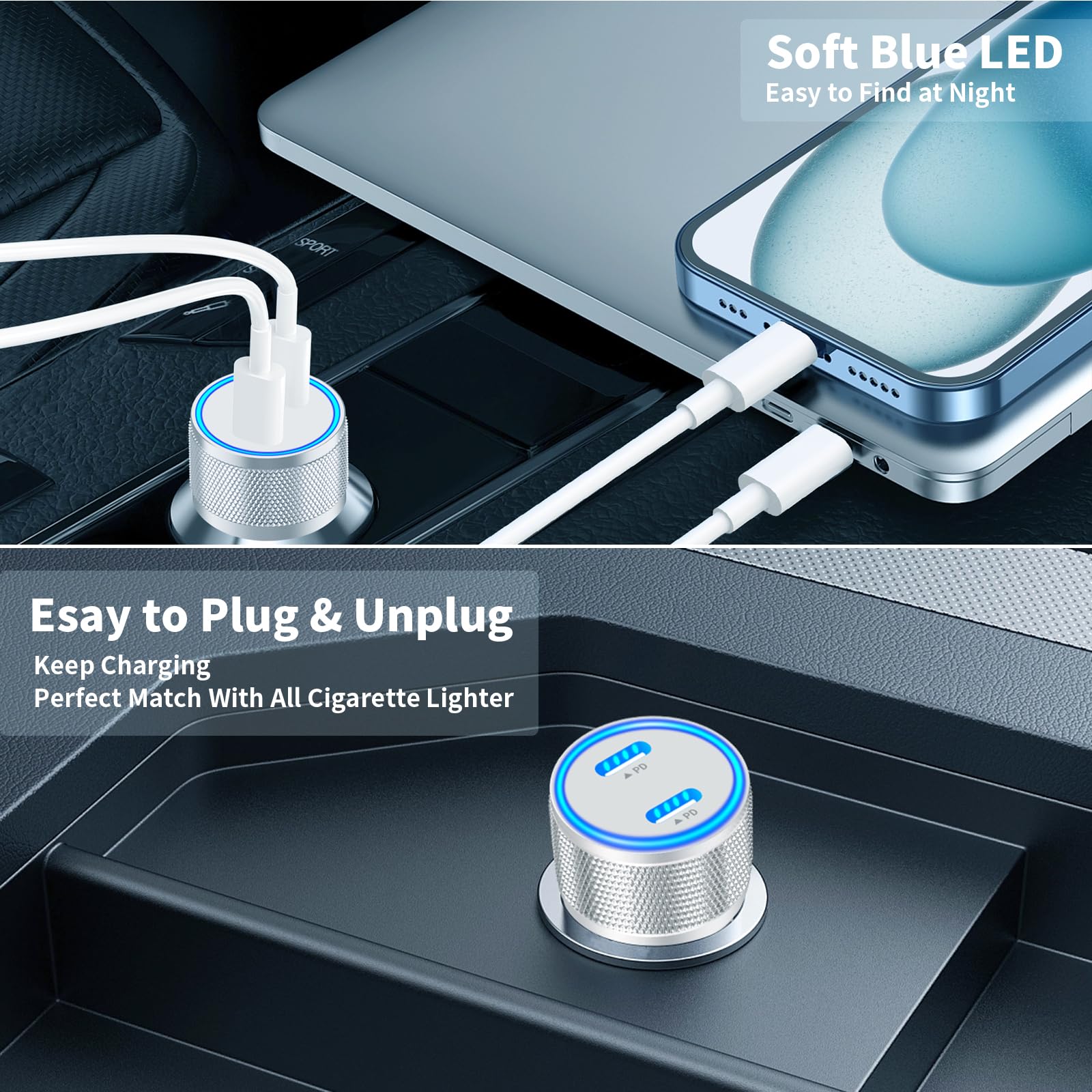 Apple MFi Certified 72W Dual USB-C Car Charger Fast Charging for iPhone 16 Pro Max/16 Pro/15/14/13/12 - Includes Type C & Lightning Cables - Perfect for Road Trips & Daily Commute