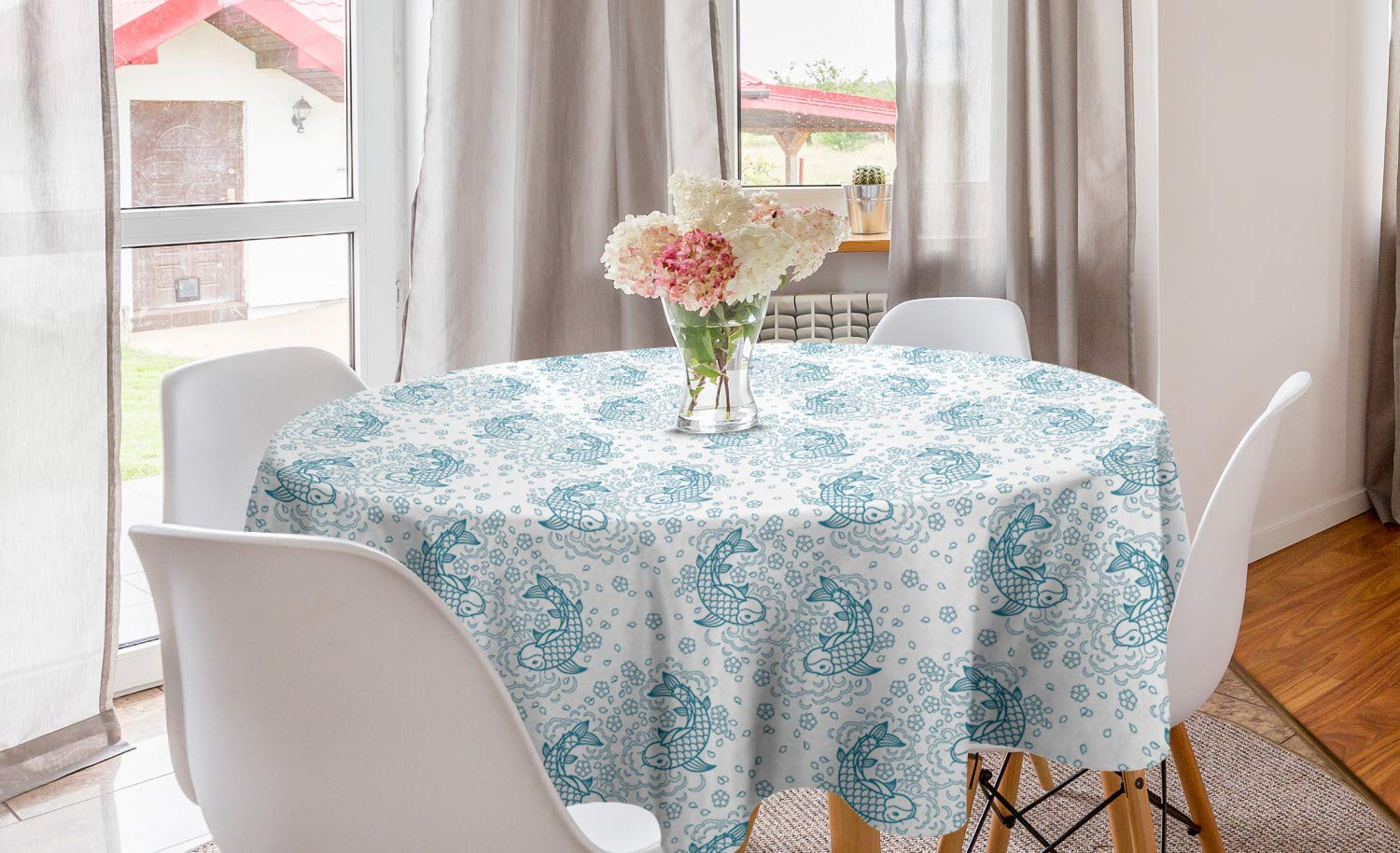 Ambesonne Asian Round Tablecloth - Japanese Inspired Koi Fish & Floral Doodle Design, 60 Inch Blue White Circle Table Cover for Dining Room & Kitchen Decor | Perfect for Asian-Themed Parties, Restaurant Decorations & Home Dining Settings