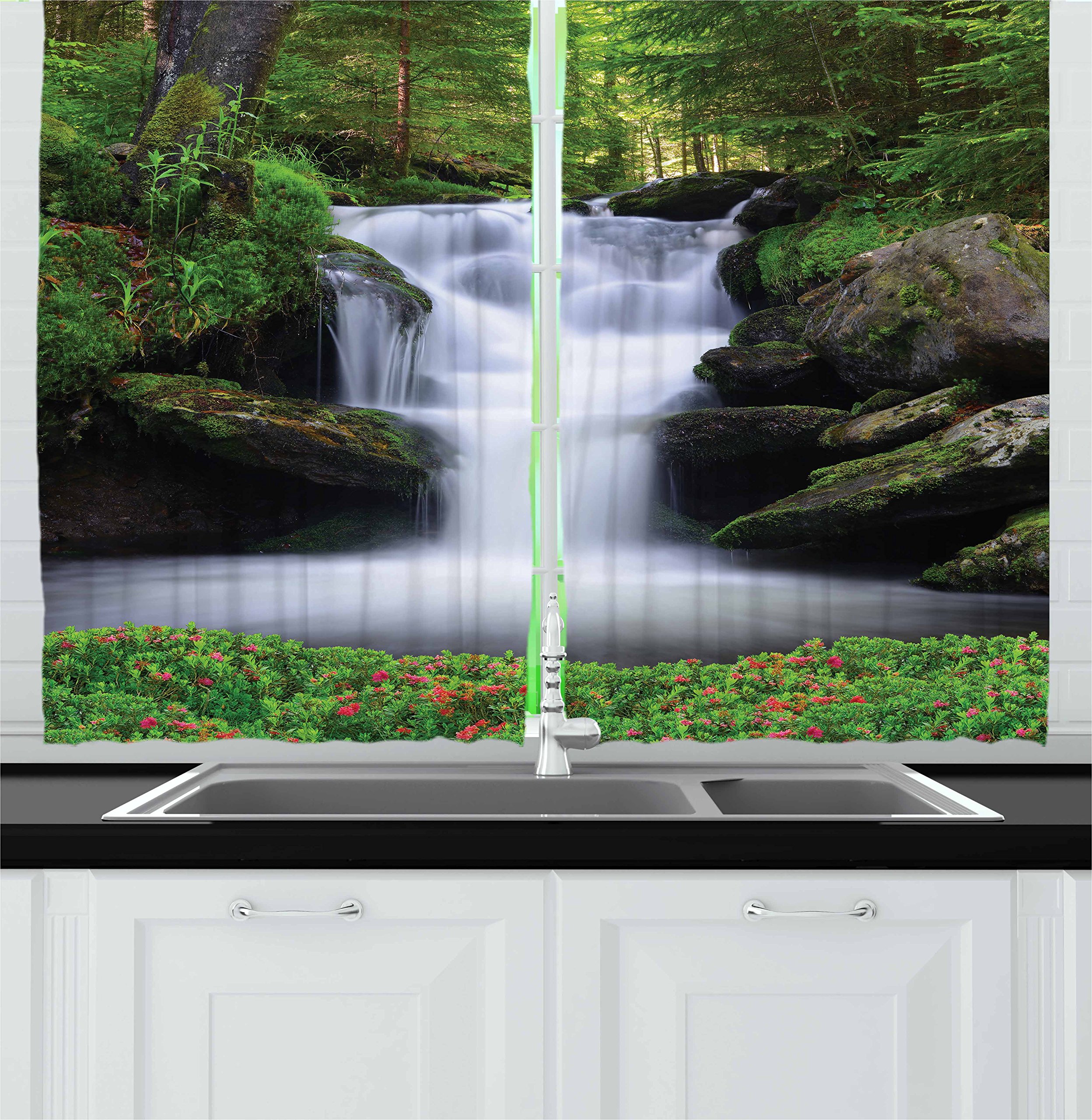 Ambesonne Waterfall Kitchen Curtains - Nature Inspired Forest Window Drapes with Trees & Flowers, 2 Panel Set for Kitchen & Cafe Decor, 55