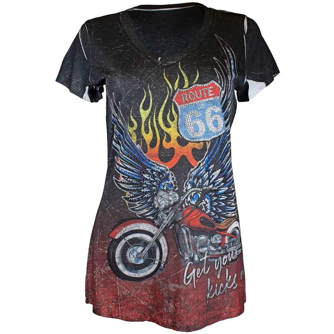 Big Bang Clothing Women's Route 66 Vintage Graphic T-Shirt - Soft Cotton Tee for Casual Wear & Road Trips