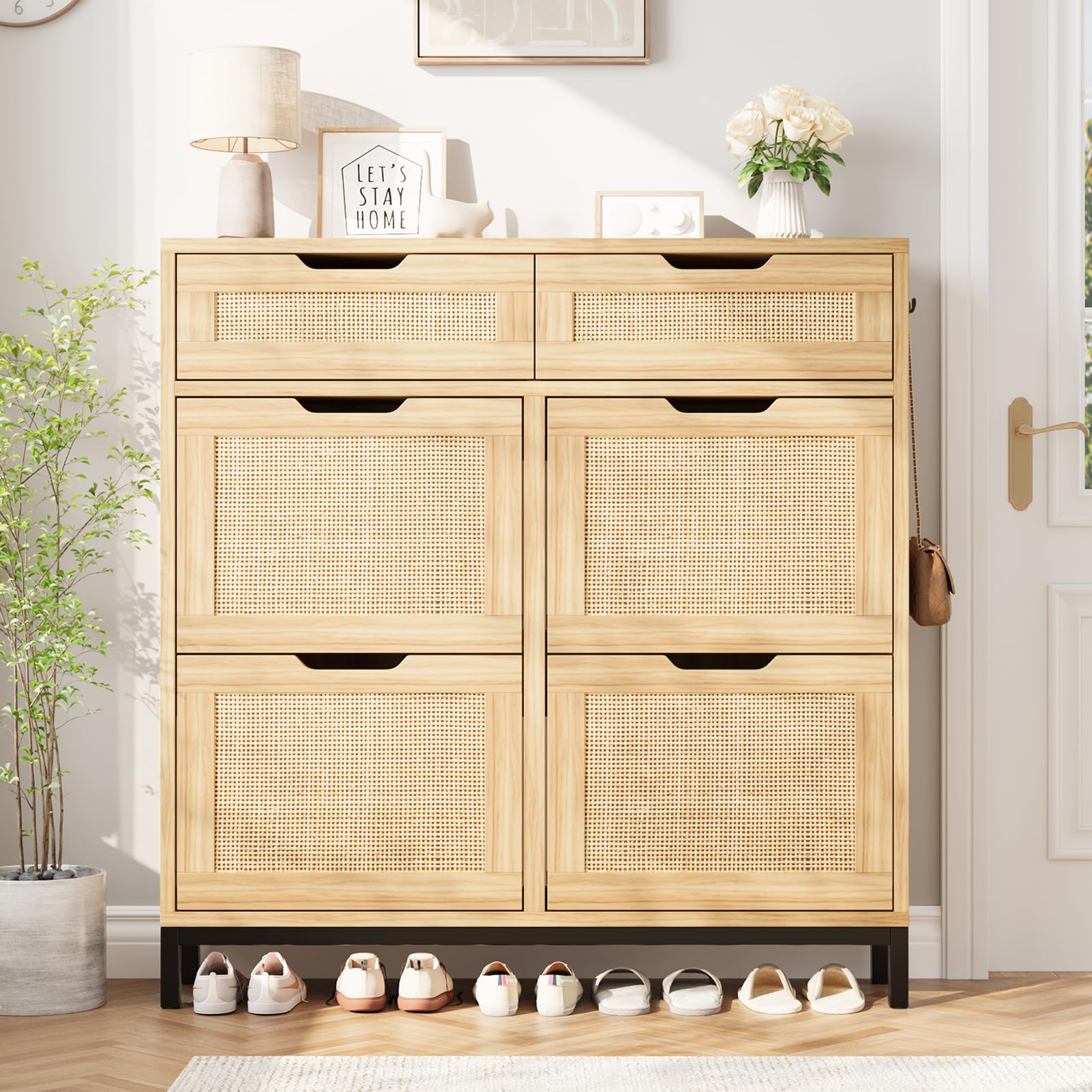 Rattan Shoe Storage Cabinet with 4 Flip Drawers - Narrow Wooden Shoe Organizer for Entryway, Hallway & Foyer - Free Standing Hidden Shoe Cabinet for Small Spaces - Perfect for Apartments, Dorm Rooms & Closets
