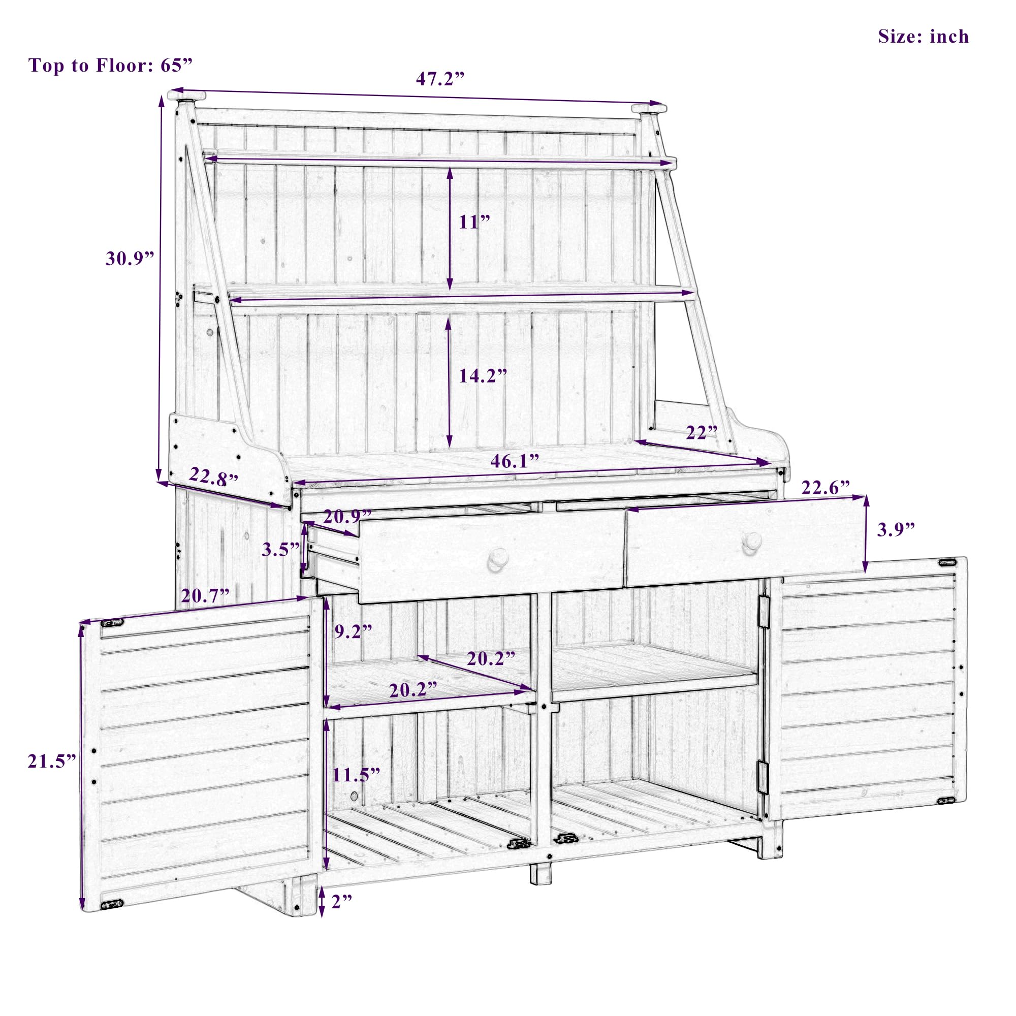 P PURLOVE Fir Wood Garden Potting Bench with Storage Shelf, Drawer & Cabinet - Durable Outdoor Work Table for Gardening, Backyard & Patio - Perfect for Planting, Potting & Organizing Tools